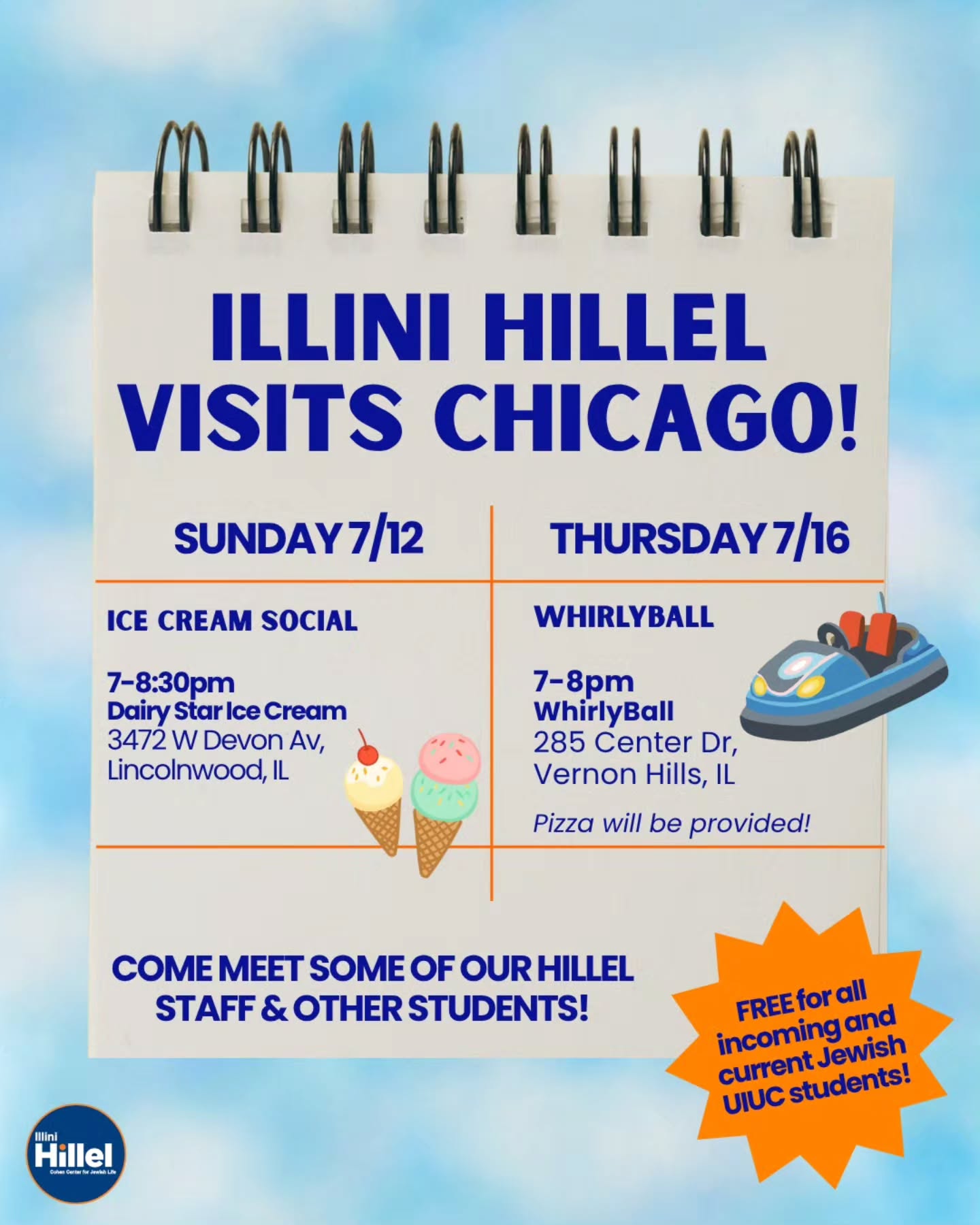 Missing Hillel? Us too.
Excited to start meeting new people? Us too!
Join some of our staff members next week in Chicago for some summer events!
Let us know you will be there by DM or text our Program Director, @lauren.illinihillel!