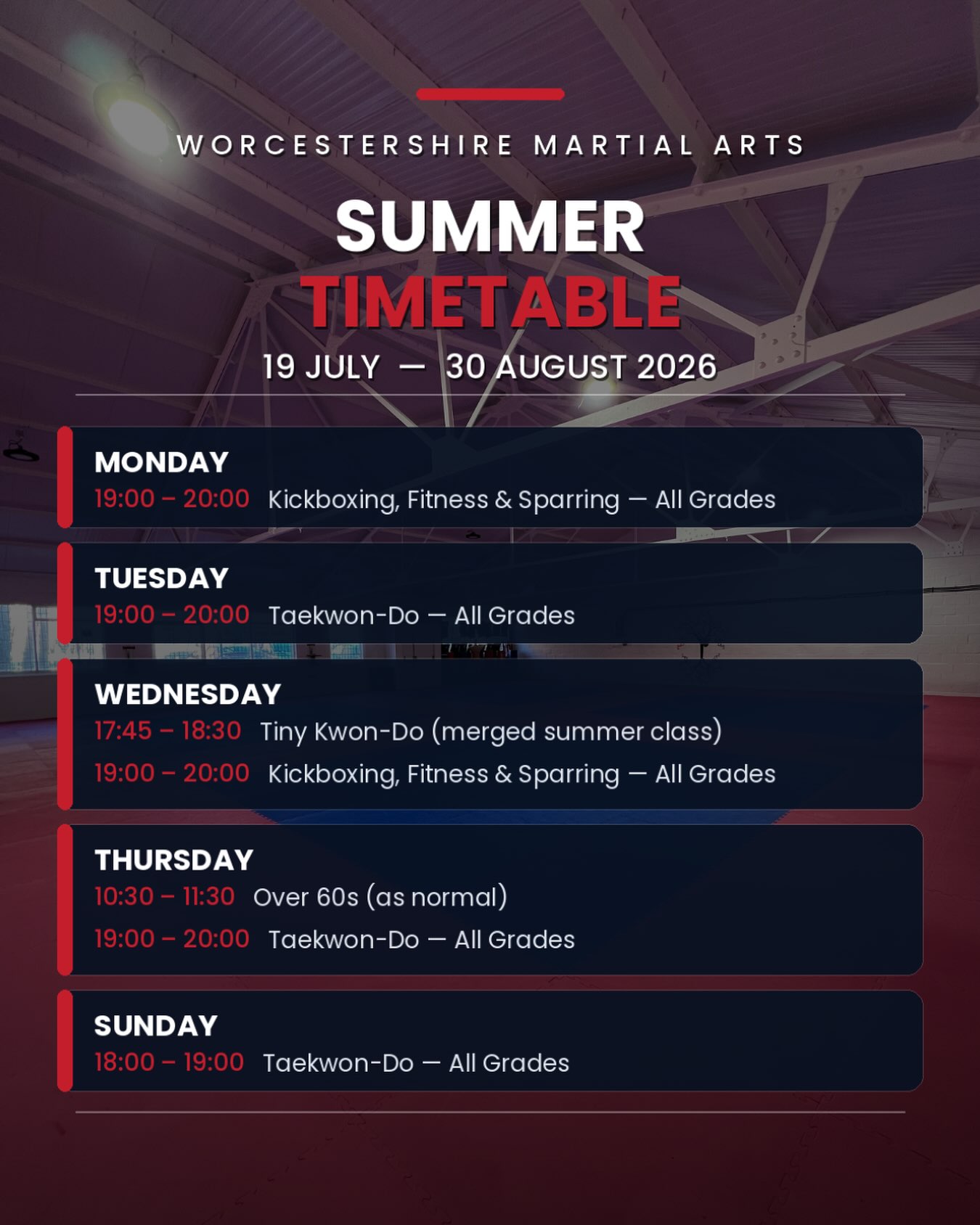 ☀️ Our Summer Timetable is starting today! ☀️
From 19th July – 30th August, we’ll be running our summer timetable during the school holidays.
Here’s what you need to know:
🥋 Taekwon-Do: All grades will train together from 7:00–8:00pm (no Blue Stripe+ classes during this period).
👶 Tiny Kwon-Do: Our children’s classes will merge into one weekly summer session on a Wednesday.
🥊 Kickboxing, Fitness & Sparring: Running as normal.
💪 Over 60s: Continuing as normal every Thursday morning.
Training together over the summer is a great opportunity to learn from different grades, train with new partners and keep progressing throughout the holidays.
Please check the timetable for your class times, and if you have any questions, just drop us a message.
We look forward to seeing you in the dojang this summer! ☀️🥋
#SummerTimetable #TaekwonDo #Kickboxing #MartialArts #WorcestershireMartialArts