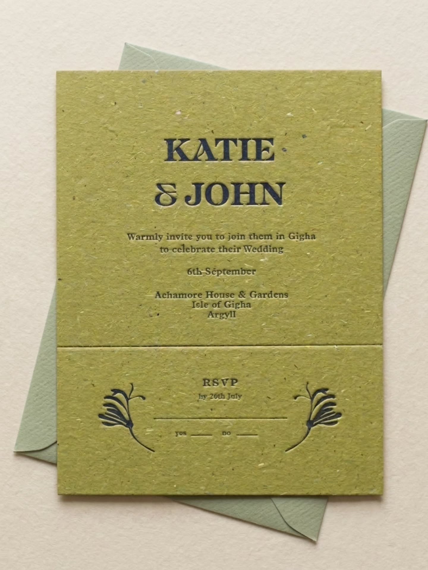 I LOVE this paper. Gmund Bio Cycle Chlorophyll, made from plant fibers and just the best statement colour.
Letterpress printing is always beautiful but when it's combined with the right paper it reaches a whole other satisfaction level! This is one for touching.
Letterpress Invitations with perforated RSVP slip.
Who's next for some Bio-Cycle printing?
#letterpress #stationery #weddingstationery #invitationdesign