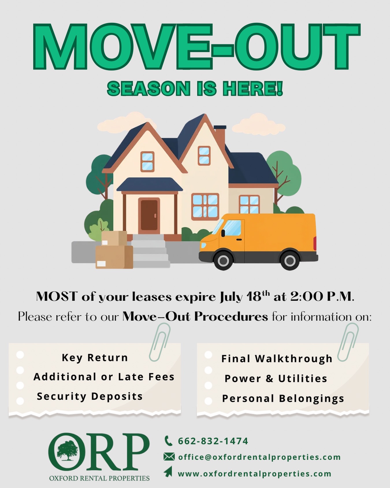 Current tenants, it’s officially time to begin preparing for move-out.📦🚚
To help make the process as stress-free as possible, please monitor your emails for our Move-Out Procedures or view them on our website under the “forms” section.
📞662-832-1474
✉️office@oxfordrentalproperties.com
🌐https://www.oxfordrentalproperties.com/forms
#OxfordRentalProperties #OxfordMS #OleMiss
