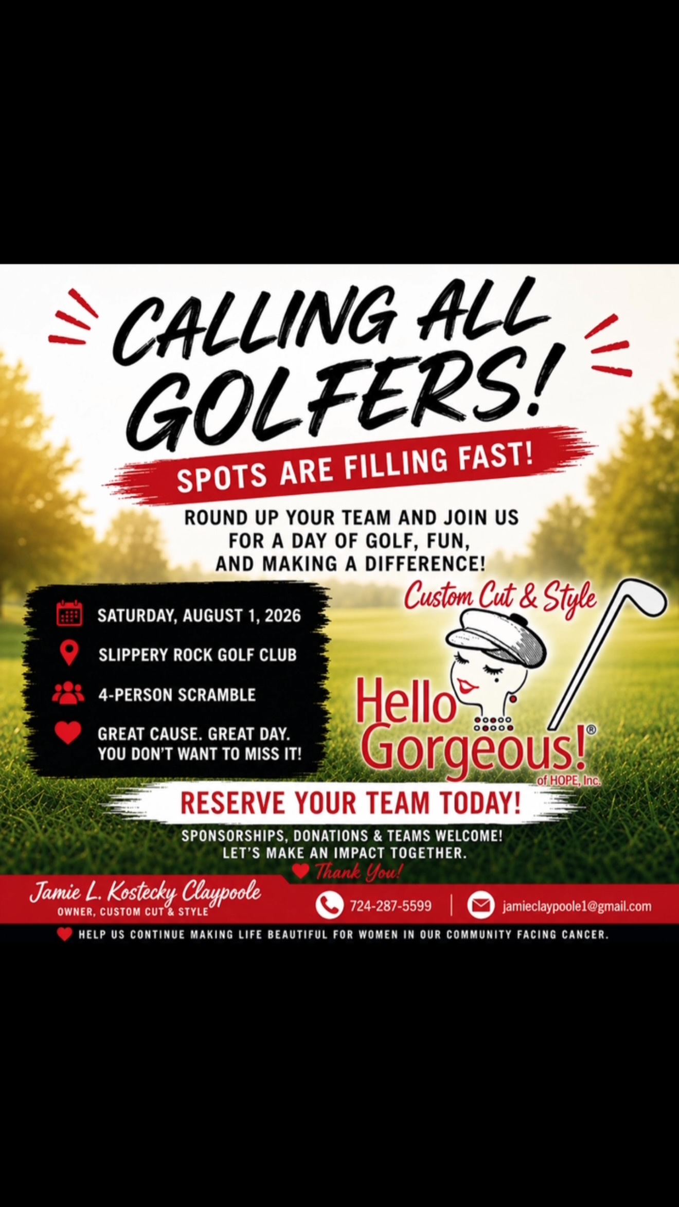 ⛳️ We need golfers! Gather your foursome, enjoy a fantastic day on the course, and help us continue giving local women battling cancer the confidence and joy they deserve through a Hello Gorgeous makeover. Sign up today—your team can truly make a difference. 💜