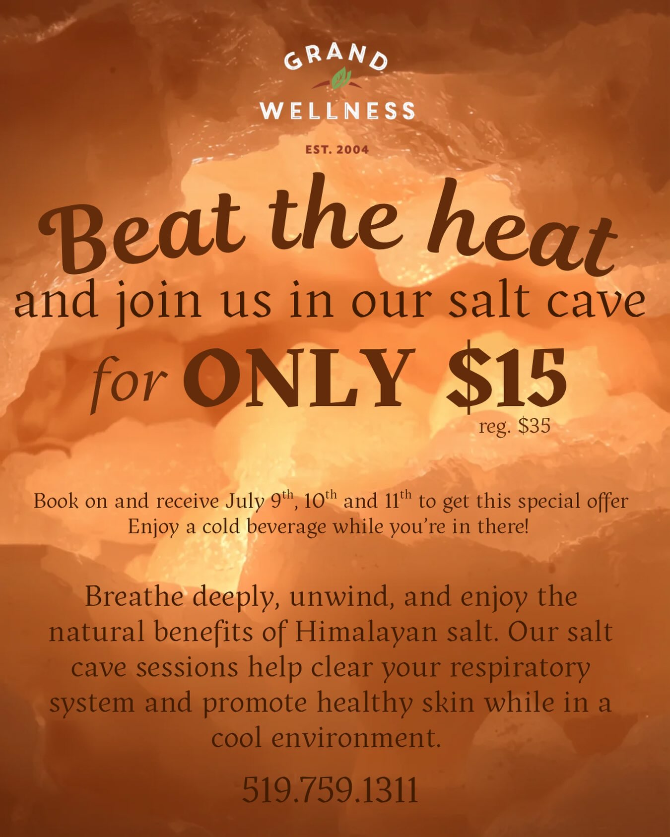 🌞 Beat the Heat in Our Salt Cave! ❄️
Looking for the perfect way to cool off and recharge? Escape the summer heat and relax in our refreshing Salt Cave for just $15!
✨ Breathe deeply.
✨ Unwind completely.
✨ Enjoy a peaceful 45-minute escape from the summer sun.
Whether you’re looking to relax, de-stress, or simply cool down, our Salt Cave is the perfect summer retreat.
📅 Book your session today—your mind and body will thank you!
#grandwellness #saltcaves #staycool #breatheasy #beattheheat☀️😎