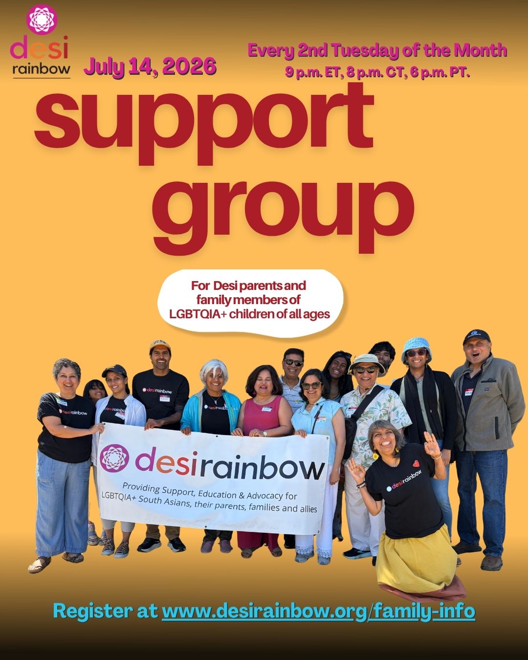 🏳️🌈🏳️⚧️ We invite South Asian parents and family members of LGBTQIA+ people to join our virtual Support Group for the family members next week! Join us on Tuesday, July 14th at 9 p.m. Eastern, 8 p.m. Central, and 6 p.m. Pacific.
👉🏽 Joining for the first time? You'll need to register at least 2 hours before the meeting at www.desirainbow.org/family-info to receive the meeting link. (Link in bio)
💟 This is a monthly 90-minute peer-to-peer support and discussion group that's only for parents and family members (siblings, grandparents, aunts, uncles, etc.) of LGBTQIA+ Desis of all ages.
🥰 Join us in creating an affirming world for LGBTQIA+ Desis and their families at desirainbow.org/membership
#DesiRainbow #CommunitySupport #Ally #LGBTQIA #Parenting #DesiParents #Support #DesiFamily #QueerDesi #TransDesi