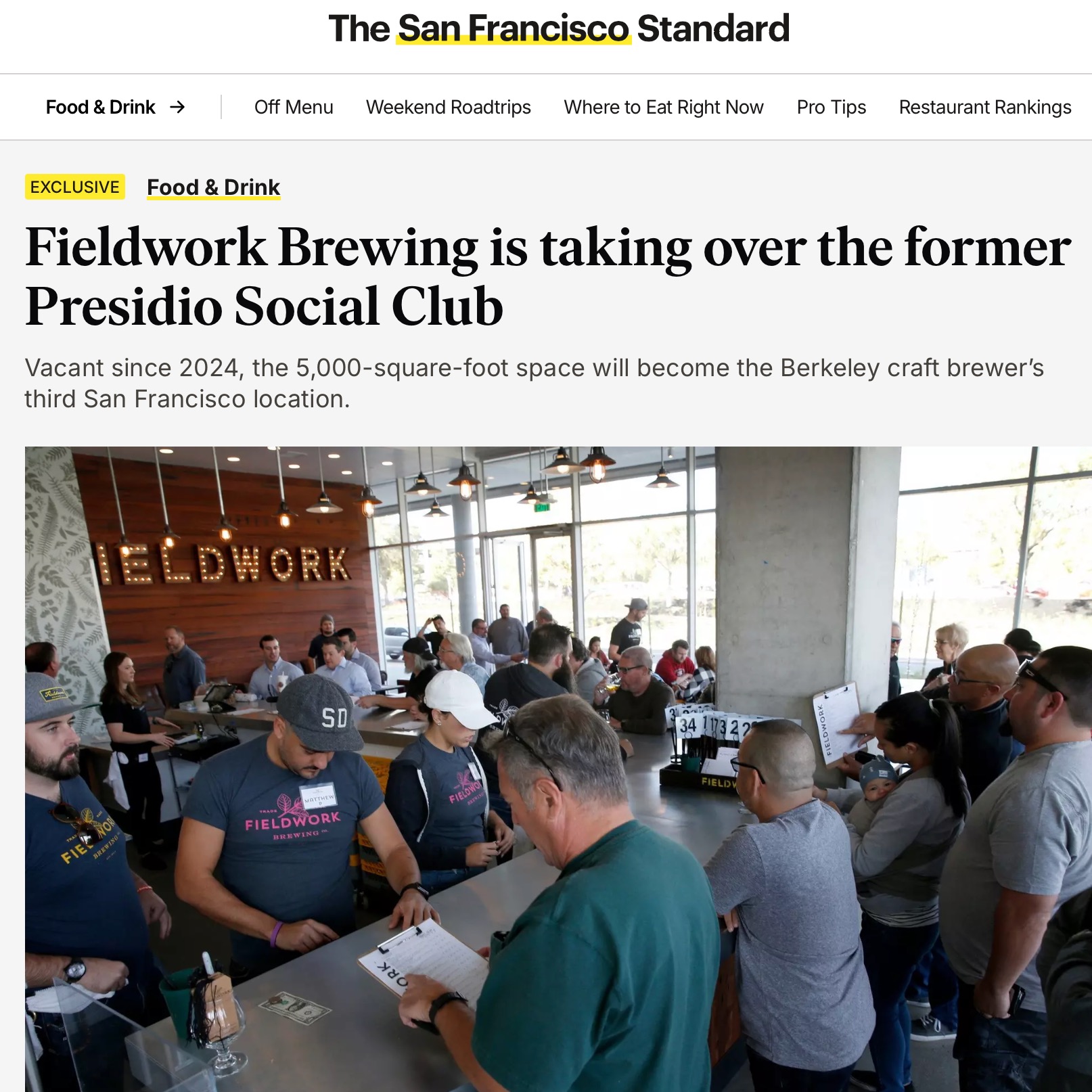 Vacant since 2024, the 5,000-square-foot space in the Presidio will become Fieldwork Brewing's third San Francisco location. Cheers to that!