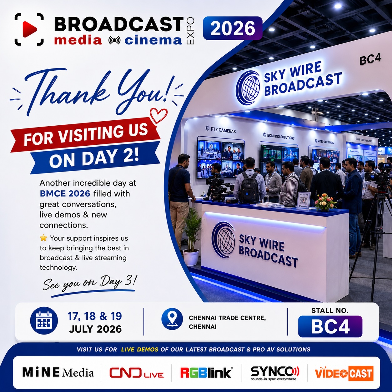 ๐ Day 2 at BMCE 2026 โ Thank You!
Another amazing day at Booth BC4! ๐
Thank you to everyone who visited, connected with us, and experienced our latest broadcast & Pro AV solutions.
๐ Visit us on Day 3
๐ข Booth BC4 | Chennai Trade Centre
See you tomorrow! ๐
#BMCE2026 #SkyWireBroadcast #Broadcast #ProAV #livestreaming
