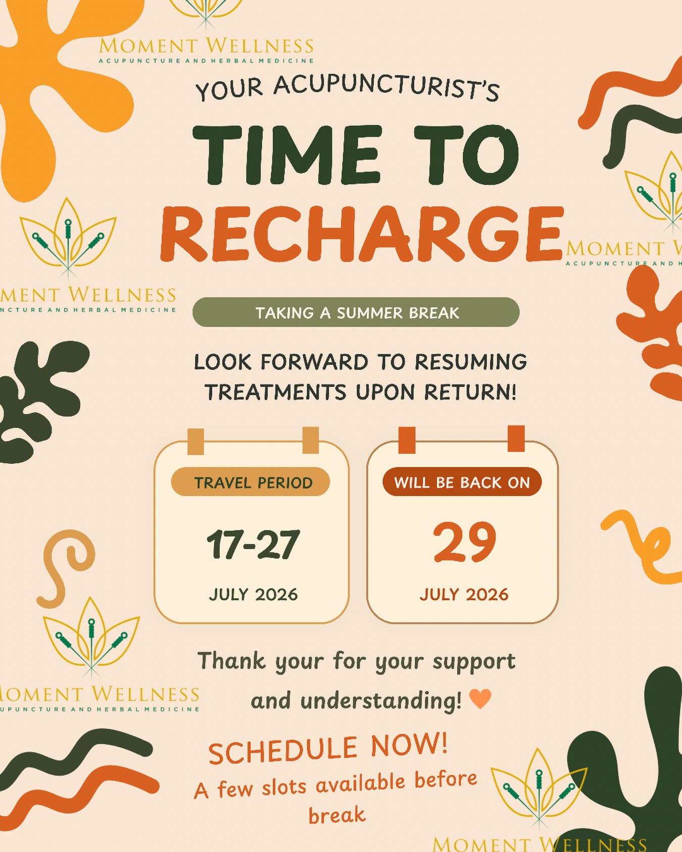Summer Vacation Notice – Moment Wellness Acupuncture & Herbal Medicine
Moment Wellness Acupuncture & Herbal Medicine will be closed for summer vacation July 17 through July 27. We look forward to returning refreshed and ready to continue serving the Conifer community with personalized acupuncture and herbal medicine care.
A few appointment times are still available before our vacation, so be sure to schedule soon if you’d like treatment before we close. If you have any questions, please call or email us, and we’ll be happy to help. Thank you for your understanding and continued support—we look forward to seeing you soon at Moment Wellness Acupuncture in Conifer, Colorado!
