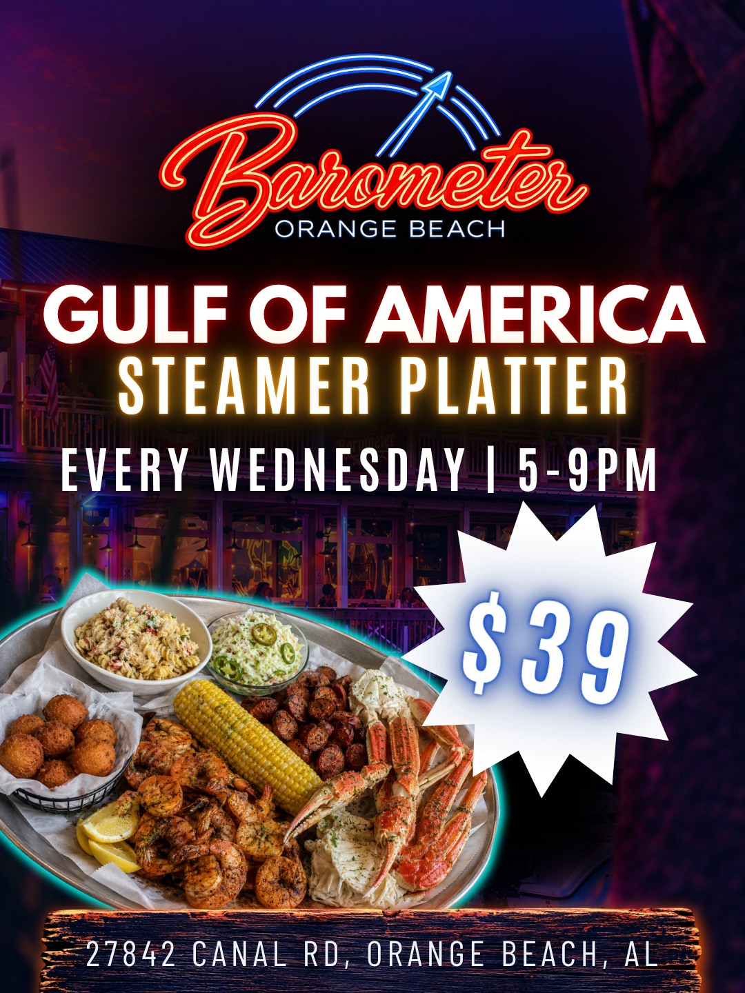 Wednesday plans? Consider them handled. 😎🦀🍻
We open at 4 PM, so come early for Happy Hour, grab a drink, and stick around for one of our favorite weekly specials!
🦀 Gulf of America Steamer Platter | 5–9 PM
Loaded with:
🦐 Gulf Shrimp
🦀 Crab Legs
🌽 Corn on the Cob
🌭 Andouille Sausage
🌶️ Jalapeño Slaw
🥗 Rotini Crab Salad
🤤 Hushpuppies
🍻 Happy Hour | 4–5 PM
🎶 Shane Perry | 5–9 PM
Cold drinks, live music, and a platter that's worth making midweek plans for.