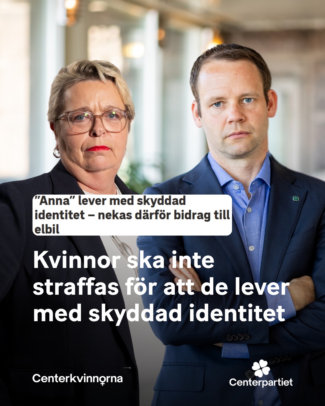 Kvinnor ska inte straffas för att de lever med skyddad identitet.
I Sverige lever omkring 34 000 personer med skyddad identitet. Nästan 60 procent är kvinnor, många efter att ha utsatts för mäns våld eller allvarliga hot.
Nu riskerar närmare 20 000 kvinnor att stängas ute från regeringens elbilspremie eftersom stödet är utformat på ett sätt som inte fungerar för personer med skyddade personuppgifter.
Det är inte bara ett misslyckande för klimatpolitiken. Det är också ett jämställdhetsproblem.
Den gröna omställningen ska omfatta alla – även kvinnor som lever med skyddad identitet. Ingen ska behöva välja mellan sin säkerhet och möjligheten att ta del av samhällets klimatsatsningar.
Centerpartiet vill ta bort det geografiska kravet i elbilspremien. Då försvinner också det här problemet. Fram till dess måste regeringen införa en manuell ansökningsväg så att personer med skyddad identitet inte lämnas utanför.
En feministisk klimatpolitik ser människorna bakom statistiken. Den bygger på frihet, trygghet och lika möjligheter – inte på regler som stänger ute dem som redan lever med störst utsatthet.
