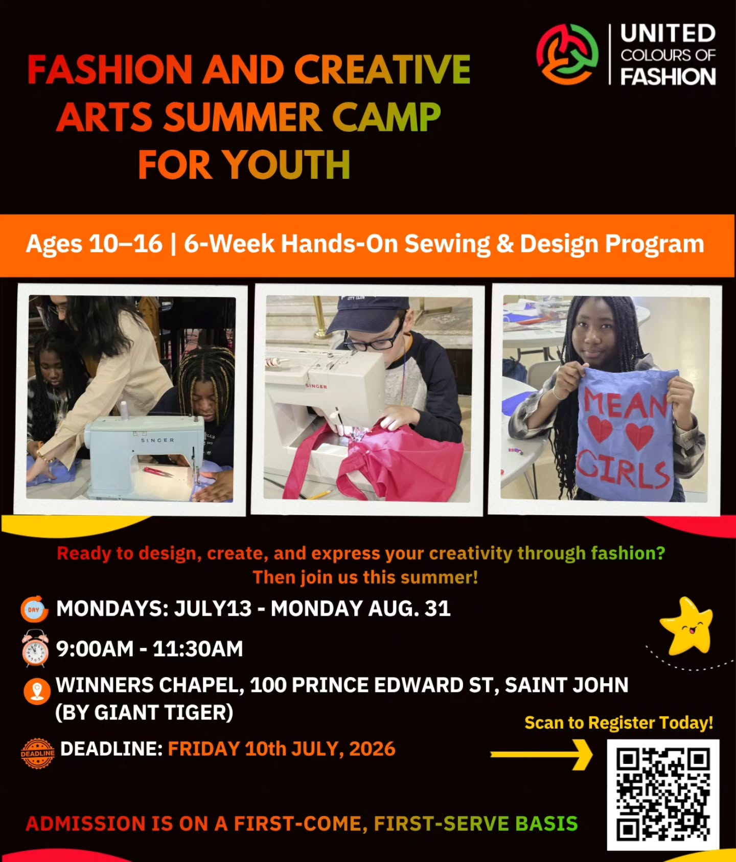 Summer is here, and we're excited to welcome youth to the UCOF Fashion & Creative Arts Summer Camp in Saint John!
Whether you are a beginner or looking to build your skills, you'll learn basic sewing and creative fashion DIY projects with our amazing facilitator, Bisola Ogundowo.
Participants will showcase their creations at the end of the program!
Details:
🗓 Mondays | 9:00 a.m. – 11:30 a.m | Jul. 13 - Aug. 31, 2026
📍 Winners Chapel, 100 Prince Edward St., Saint John (beside Giant Tiger)
Spaces are limited and will be filled on a first-come, first-served basis.
Scan the QR code or click the link below to register today!
https://forms.gle/eiUWYtRd87bmbtHg6
Note: Admission is free but participants are required to bring basic sewing supplies. Visit the registration page for the complete list.
#ucof #summercamp #saintjohn #fashiondesign #creativearts