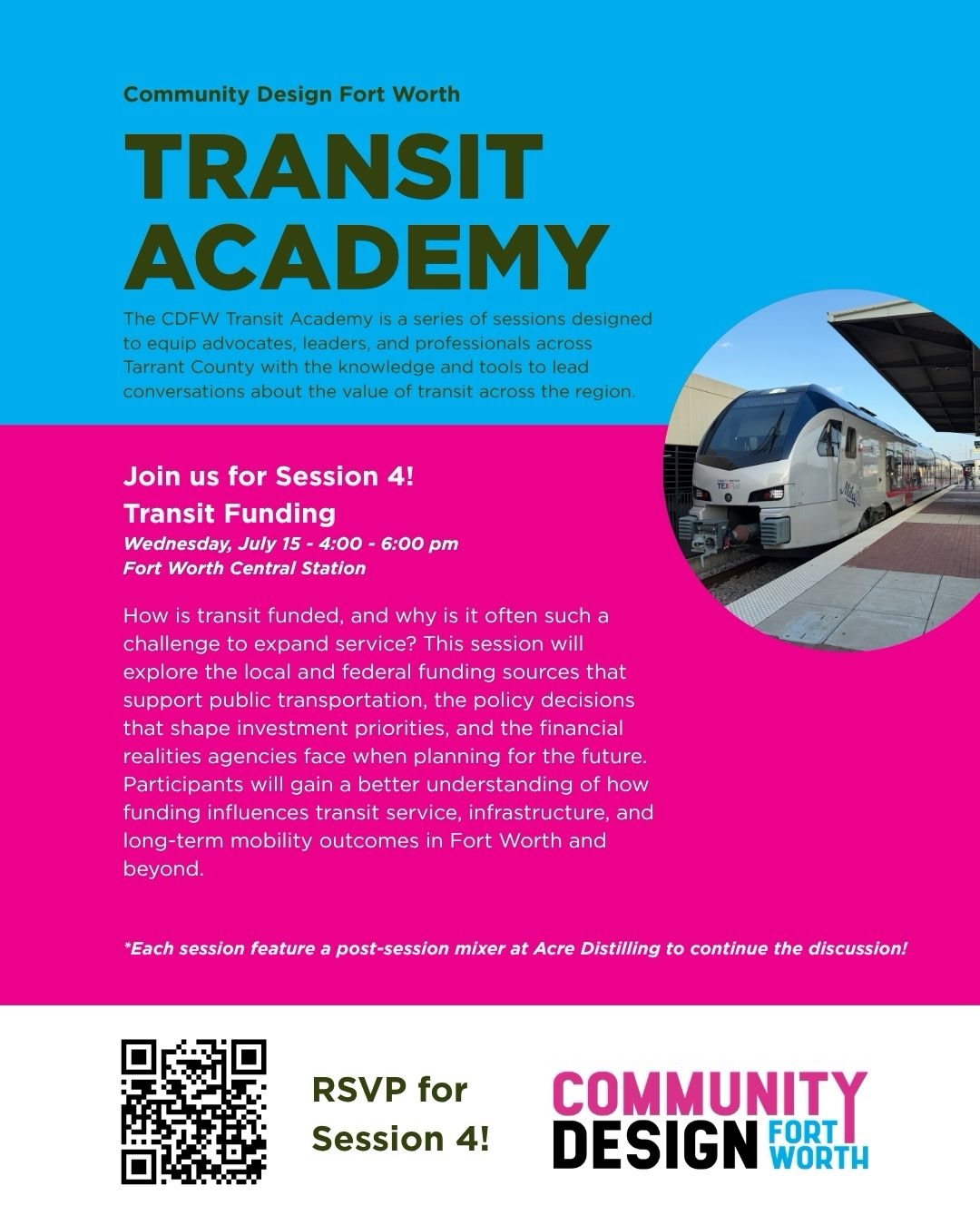 Join us for the CDFW Transit Academy Session 4 on July 15! Come hear from experts and learn the ins and outs of how transit is funded. This session will explore the local and federal funding sources that support public transportation, the policy decisions that shape investment priorities, and the financial realities agencies face when planning for the future. The session is free, but please RSVP: https://tinyurl.com/2m6fu48w
And as always, thank you to our Title Sponsor @ridetrinitymetro for supporting the 2026 Transit Academy!