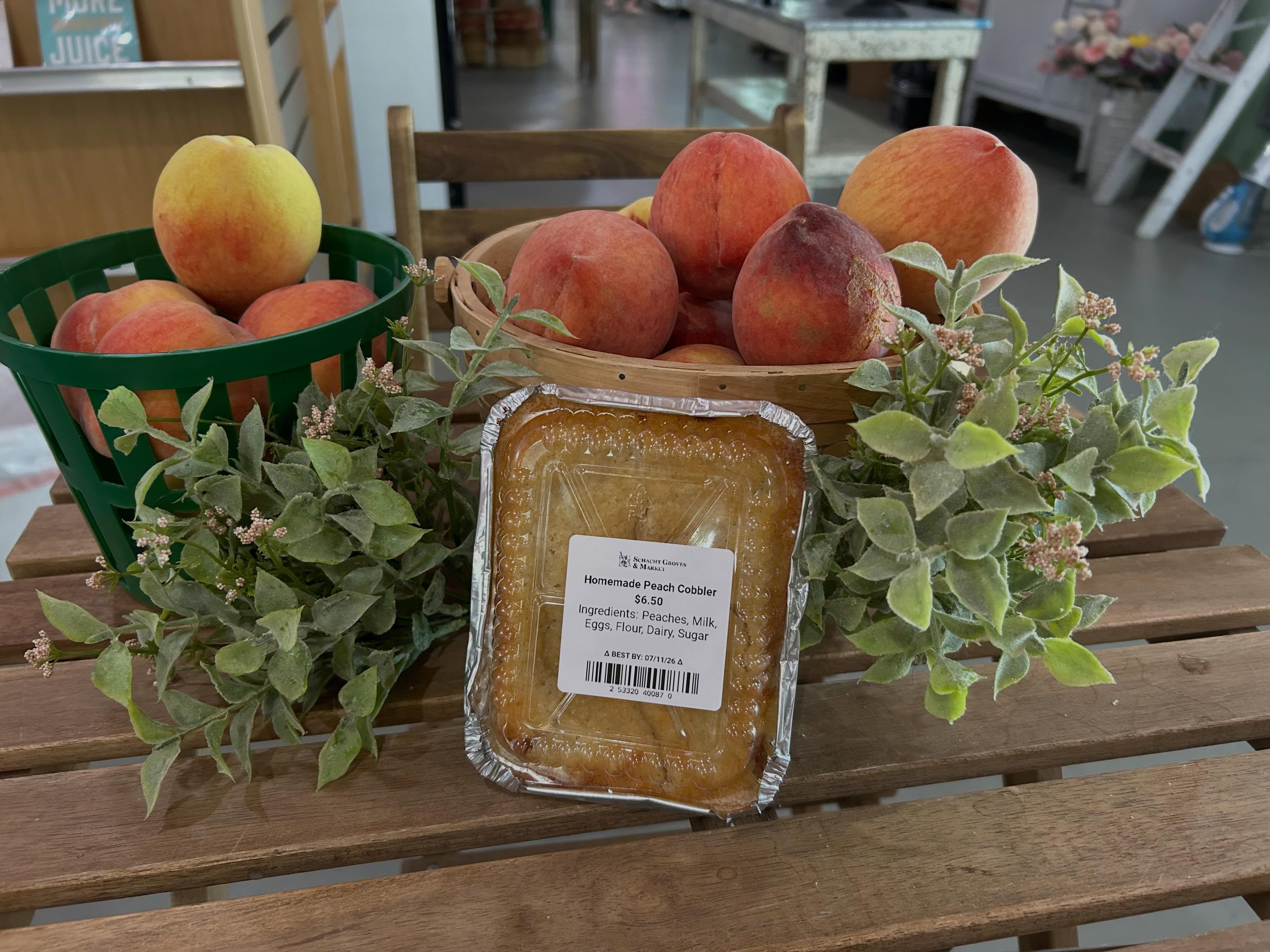 Fresh peaches are back, along with homemade peach cobbler!! Stop by Thursday-Saturday from 11:30am-5:30pm. 🍑 #schachtgroves