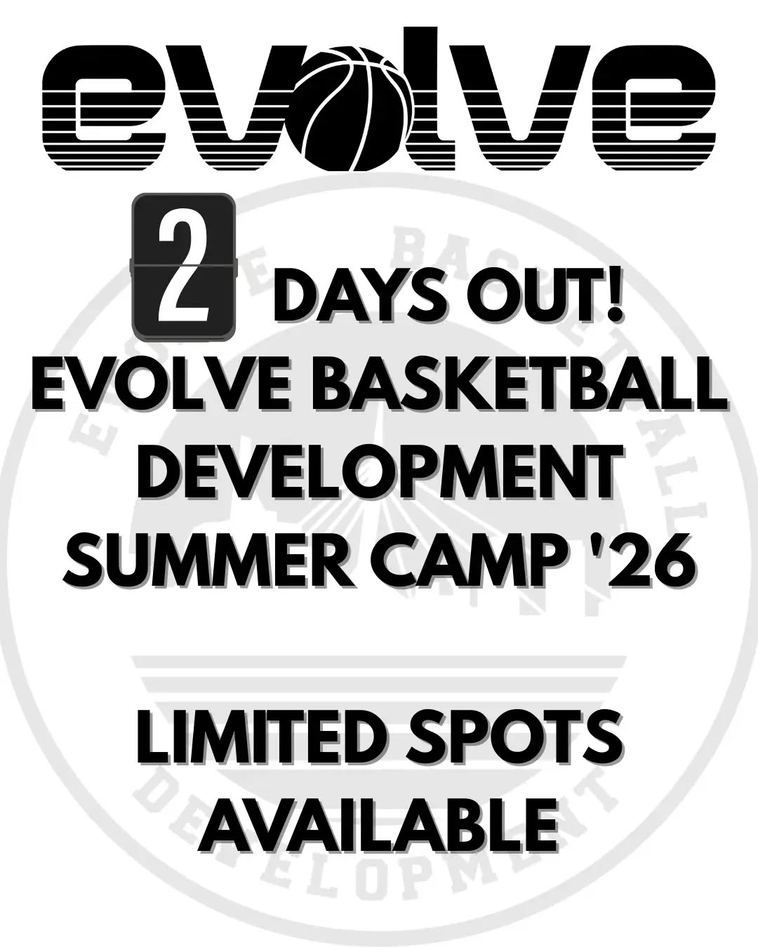 β³ 2 DAYS. ππ₯
That's it.
In just 48 hours, the whistles blow, the balls start bouncing, and another incredible summer at Evolve Basketball Development begins.
The work starts now.
π₯ New skills.
π₯ New friendships.
π₯ New confidence.
π₯ New opportunities to grow.
Our coaches are ready to challenge, encourage, and help every athlete become the best version of themselves.
π¨ A few spots are still availableβbut not for long.
If you've been waiting, this is your last chance. Don't miss out on one of the best weeks of your summer.
π Register now and we'll see you on the court.
Let's get to work!