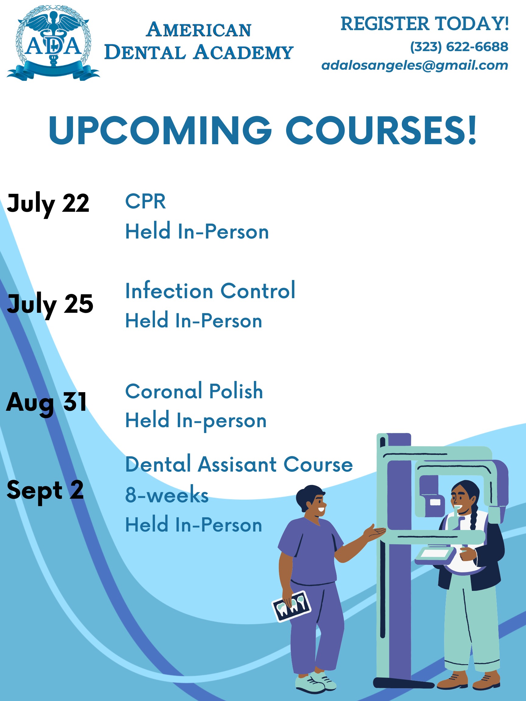 Improve your dental skills and register for any of our upcoming courses this summer! All classes are held in person for more information please DM us!
#dentist #dental #dentalschool #daschool #cpr #xray #infectioncontrol #december #school #vocationalschool