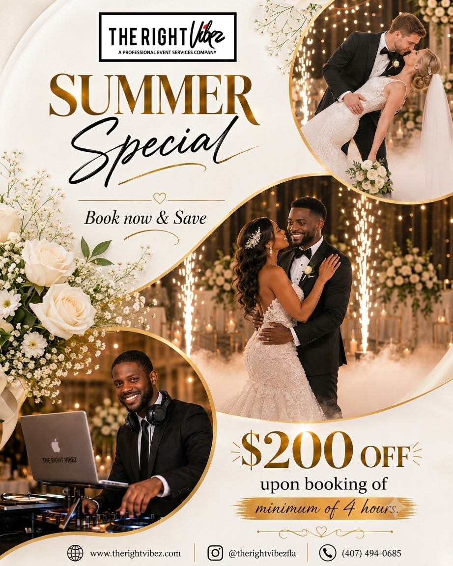 Ready to make some noise? 🎧 Summer is here and we are turning up the heat with our EXCLUSIVE Summer DJ Special! 🔥
📅 LOCK IN WITH US NOW! This booking special is valid through the END OF AUGUST.
@trvcoordination
Visit www.therightvibez.com,
DM us @therightvibezfla, or
Call (407) 494-0685 to book!
#TheRightVibez #SummerDJSpecial #EventDJ #WeddingDJ #BookNow #SummerVibez