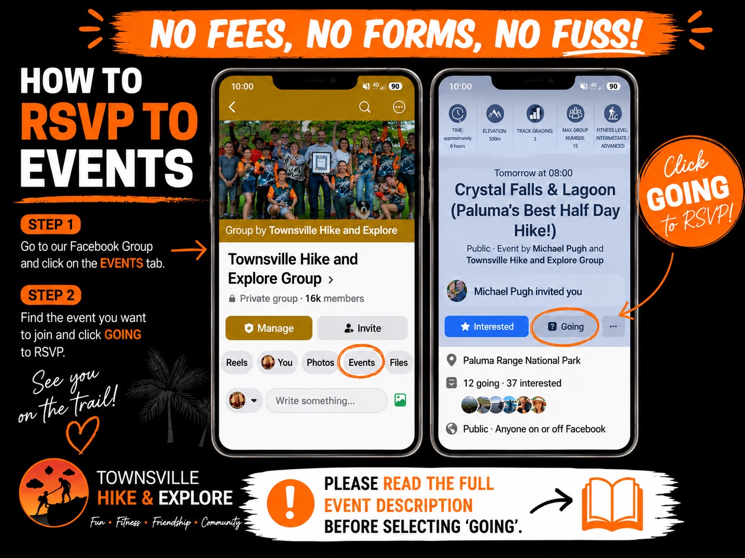 🌿🥾 Ready to join a Townsville Hike & Explore adventure? 🌄✨
Our events are listed on the Townsville Hike & Explore Group Facebook Page! 📅🌿
No forms. ❌📝
No fees. 💸🚫
No fuss. 😎👌
Joining an event is easy:
✅ Read the event description.
👍 Mark yourself as Going.
💬 Contact the event organiser if you have any questions.
That’s it! 🎉
Simple, easy, and we can’t wait to see you out on the trails! 🥾🌄💚