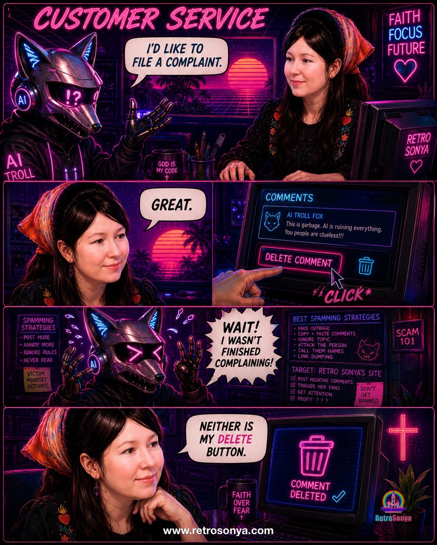 📼 📼 Internet Logic of the Week: 📼
They who leave comments like:
“If you need to use AI to make a point, maybe it’s a point not worth making”…
…Were never interested in the point you were making in the first place.
I’m just gonna have more fun with troll comments, while sipping my coffee. Especially the ones hiding behind cartoon avatars with zero content of their own. At least I have the courage to show my face in my videos, share my music, and actually create art of my own. 😏
By your logic...
💜 If you need Photoshop, maybe the photo wasn’t worth taking.
💜 If you use PowerPoint, maybe the presentation wasn’t worth giving.
💜 If you use a microphone, maybe the speech wasn’t worth hearing.
See how silly that sounds?
The tool isn’t the argument. The argument is the argument.
It all boils down to this 👇🏻!
“Sonya, I don’t like your AI powered visuals.”
I’m still gonna post them.
“Sonya, the AI assisted videos and reels?… They’re not worth watching.”
But you still watched them. 🤭 Still gonna post ‘em!
“Sonya, I don’t like your original art that I didn’t bother checking out anyway.”
Of course you don’t. You didn’t come here to appreciate my original art. You came here to be a troll. Still making it.
You don’t have to like my tools.
And I don’t need your permission to use them.
All AI troll comments will be filtered out, ignored, or deleted. Same goes with spam. Because that’s not worth my time or energy! Just having fun on social media is not a crime.
Now, if you’ll excuse me, I’ve got videos to make, songs to write, art to create, and ideas to share.
Stay rad. 😎📼
#Xennials #Synthwave #KeepCreating #GameDev
