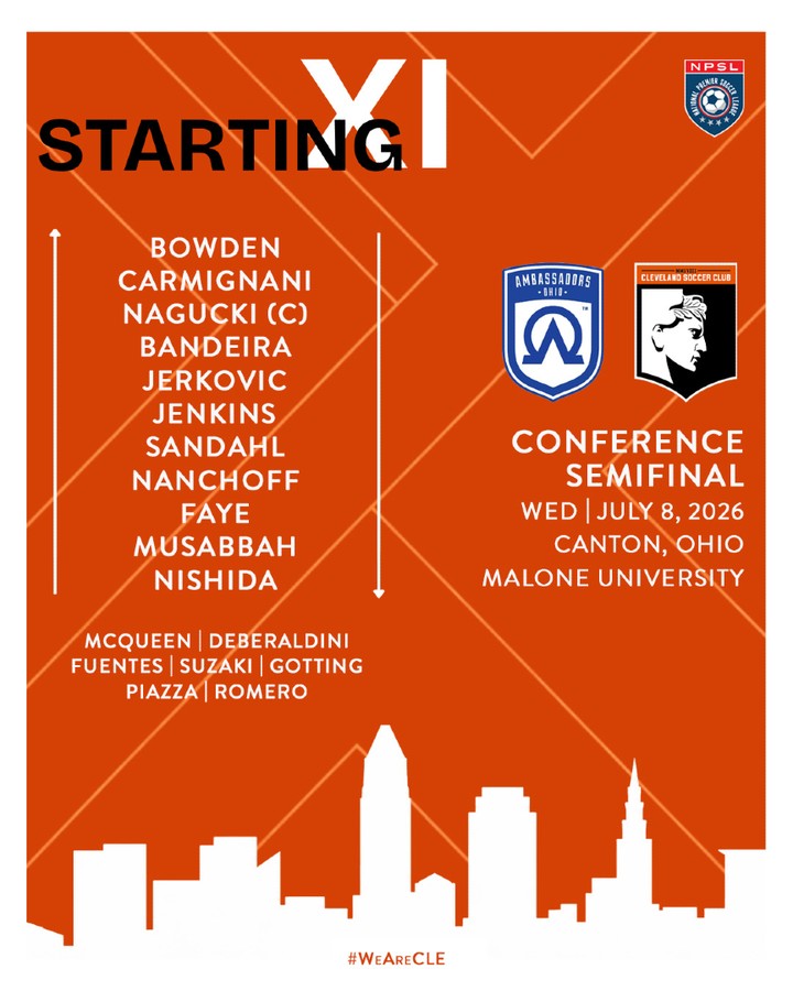 Tonight’s Starting XI
We’re set for the Conference Semifinal against Ambassadors FC Ohio at Malone University.
Kickoff is at 7 PM.
#WeAreCLE