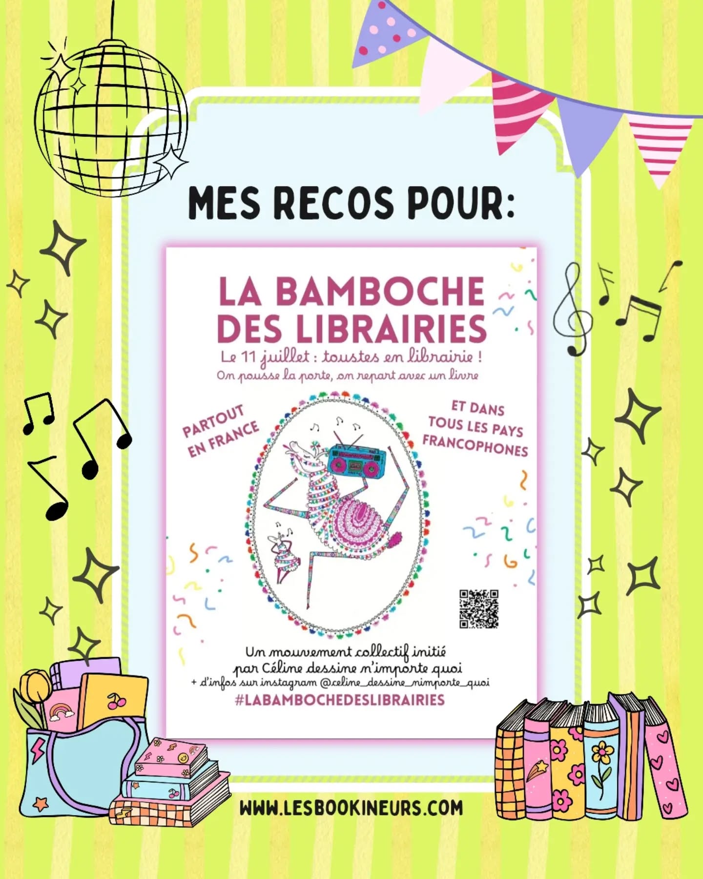 🪩🎶 La bamboche des Librairies 📚🎊
@celine_dessine_nimporte_quoi
Parce que je trouve cette initiative vachement cool et que je veux contribuer à ce beau projet !
Que dis-je cette belle fête !
Voici ma contribution pour 🎊🎶La bamboche des librairie 🪩📚. 🫶🏽
En espérant que ça vous inspire et vous incite à rendre visite à votre libraire du coin ! 📚