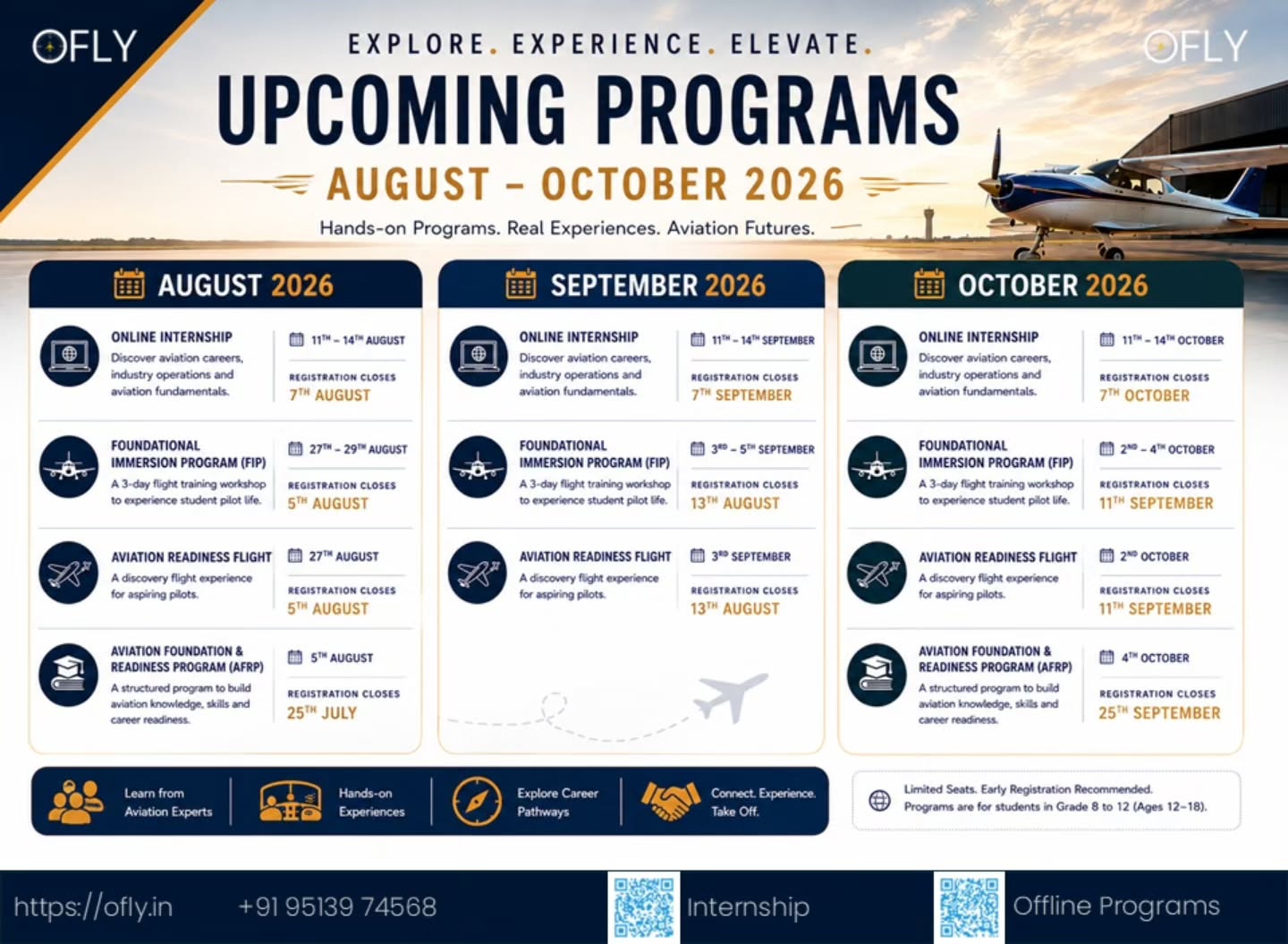 Dreaming of aviation starts with taking the first step.
Our August–October 2026 program calendar is now open, helping students and parents plan ahead for meaningful aviation experiences in Thailand.
Whether you're exploring aviation for the first time or looking for deeper exposure, there's a program designed for your journey.
✈️ Online Aviation Internship
✈️ Foundational Immersion Program (FIP)
✈️ Aviation Readiness Flight
✈️ Aviation Foundation & Readiness Program (AFRP)
Swipe through the schedule and find the program that's right for you.
#OFLY #AviationEducation #FuturePilot #FlightTraining #AviationCareer