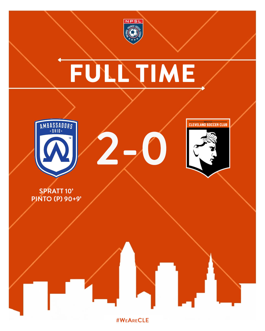 Heart breaking loss for Cleveland. Final score from the NPSL conference semi-final Ambassadors AFC Ohio 2 Cleveland SC 0.
Thank you to all of the fans who followed and cheered for us this season.
#WeAreCLE 🧡🤍🖤