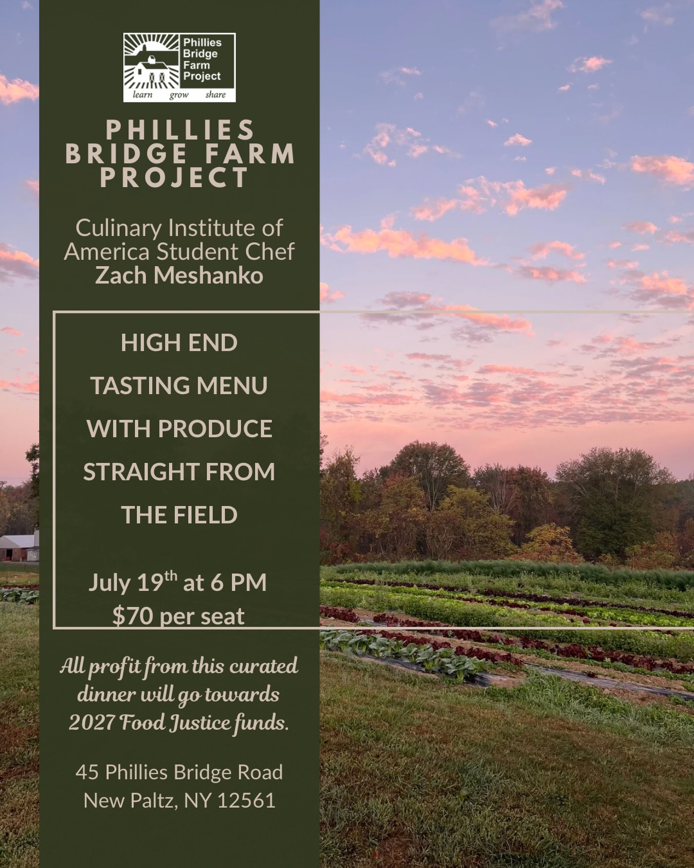 Join us July 19th at 6 PM for a high end tasting menu prepared by Culinary Institute of American student Chet Zach Meshanko. The dinner will be accompanied by a curated wine pairing. With produce straight from the fields of our farm, this Sunlit Supper will beautifully tie together our three pillars of farming, education and food justice. Our connection to the chef formed from the mentoring of interns from the CIA by our tarm team, these chefs have helped to grow all of the produce we’ll provide for the menu. This experience on the farm lead to a deeper connection and desire to support our food justice initiatives. On July 19th you can be a part of this collaboration and delicious meal! See the link in our bio for more details and to sign up! ****update! Tickets are sold out****
