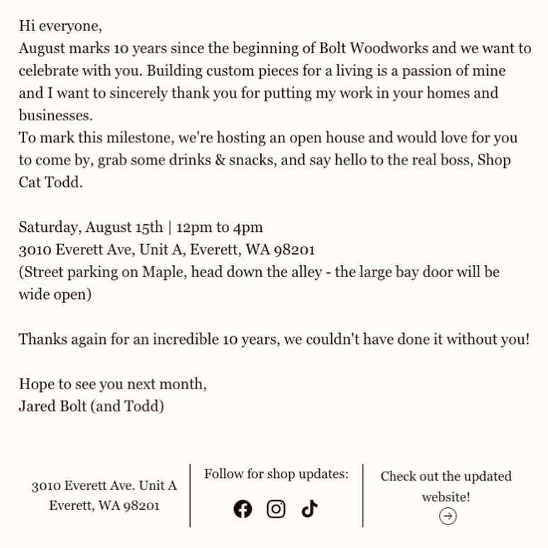 Here are the open house details!
Come by for a cold one?
Come for some snacks?
Come to look at tools?
Come to look at builds in progress?
Come to experience the shop vibes?
Come to meet Todd? Or me? Or Kyle?
Whatever might bring you out, hope to see you there!