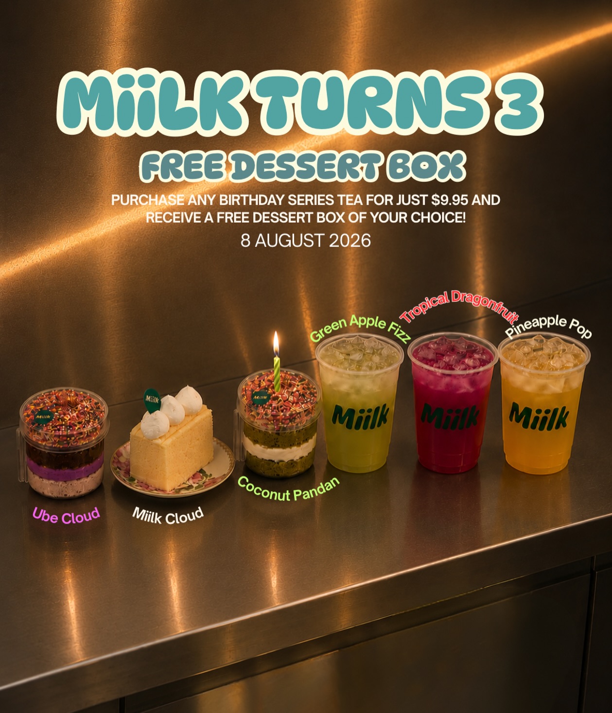 FIRST UP ON THE BIRTHDAY FESTIVAL LINE UP ๐
The fanfare kicks off on Saturday 8th August for the first 300 customers, and luckily for treat-loving Melbournians, the Miilk team is feeling generous. Buy one of three featured drink specials, and get a best-selling dessert box for free.
Choose from fragrant Coconut Pandan, delightful Miilk Cloud and the vibrant Ube Cloud; each a delightfully fluffy sponge adorned with elegant vintage piping, served in a convenient on-the-go box.
#birthdaycake #whatsonmelbourne #melbournecakes #miilkcakestudio #melbournefree