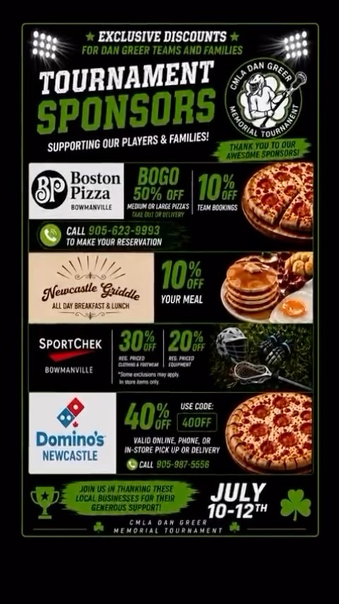 The excitement keeps growing for the Dan Greer Memorial Tournament!
A huge THANK YOU to our incredible community sponsors for helping make this year’s tournament extra special for all of our players and families!
Player of the Game Vouchers:
Every team will receive Player of the Game vouchers courtesy of Booster Juice Bowmanville! What a fantastic way to recognize outstanding effort, teamwork, and sportsmanship throughout the weekend. Thank you @boosterjuicebowmanville
Healthy Fuel for Our Athletes:
Thanks to Algoma Orchards, tournament players can enjoy fresh apples before or after their games. Keeping our athletes fueled and ready to compete is something we’re proud to support! Thank you @algomaorchards1964
Exclusive Tournament Discounts!
Our tournament families can also take advantage of amazing offers from our local sponsors throughout the weekend:
Boston Pizza Bowmanville
• Buy One, Get One 50% Off Medium or Large Pizzas (Takeout or Delivery) @bp_bowmanville
• 10% Off Team Bookings
Newcastle Griddle
• 10% Off Your Meal
@newcastlegriddlerestaurant
SportChek Bowmanville
• 30% Off Regular Priced Clothing & Footwear
• 20% Off Regular Priced Equipment
Domino’s Newcastle
• 40% Off with code: 40OFF
These generous businesses are helping create an unforgettable tournament experience while supporting youth lacrosse in our community!
Please join us in supporting the businesses that support our players, families, and the Dan Greer Memorial Tournament. We truly couldn’t do it without them!
#DanGreerMemorialTournament #GaelsNation #SponsorAppreciation #TeamClarington