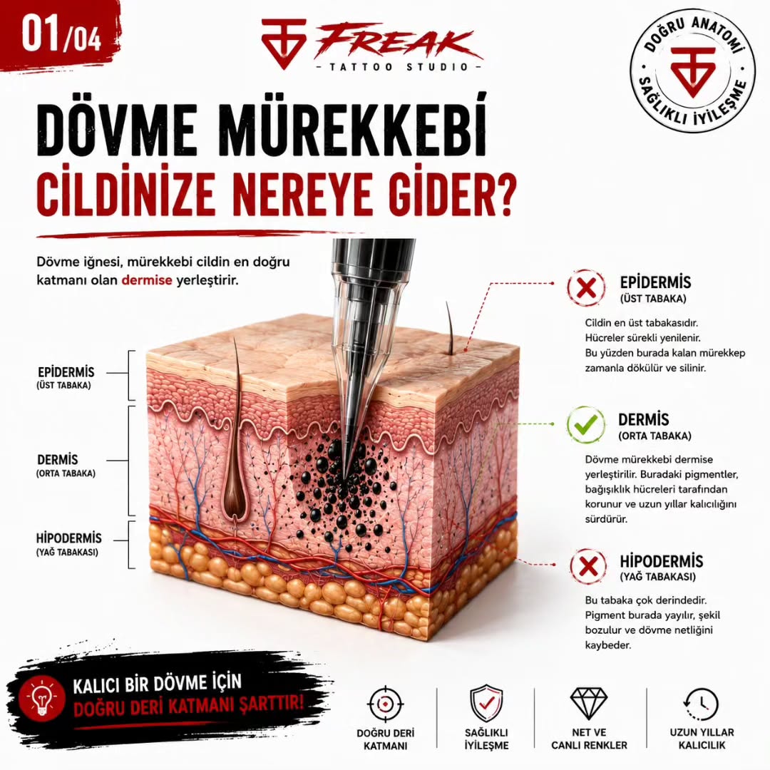 Dövme Mürekkebi Cildinizde Nasıl Yıllarca Kalıyor?
Dövme yaptıran birçok kişinin aklına aynı soru geliyor:
"Dövme neden silinmiyor?" 🤔
Aslında bunun cevabı yalnızca mürekkepte değil, vücudunuzun bağışıklık sisteminde gizli.
Bu seride birlikte keşfediyoruz:
- Mürekkep cildin hangi katmanına yerleşir?
- Dövme neden epidermiste değil, dermiste uygulanır?
Makrofaj adı verilen bağışıklık hücreleri dövme pigmentleriyle ne yapar?
- Dövme ilk gün neden daha koyu görünür?
- Dövme yıllar boyunca nasıl kalıcılığını korur?
Kalıcı ve net bir dövmenin sırrı yalnızca kaliteli mürekkep değildir.
✔️ Doğru deri katmanına uygulama
✔️ Profesyonel teknik
✔️ Kaliteli ekipman ve pigmentler
✔️ Doğru iyileşme süreci
✔️ Düzenli bakım
...hepsi bir araya geldiğinde dövmeniz yıllarca ilk günkü karakterini koruyabilir.
👉 Kaydırarak serinin tamamını inceleyin ve dövmenizin cildinizde nasıl bir yolculuk yaptığını keşfedin.
Daha önce dövmenizin neden kalıcı olduğunu hiç merak etmiş miydiniz? Sorularınızı yorumlarda bizimle paylaşabilirsiniz.