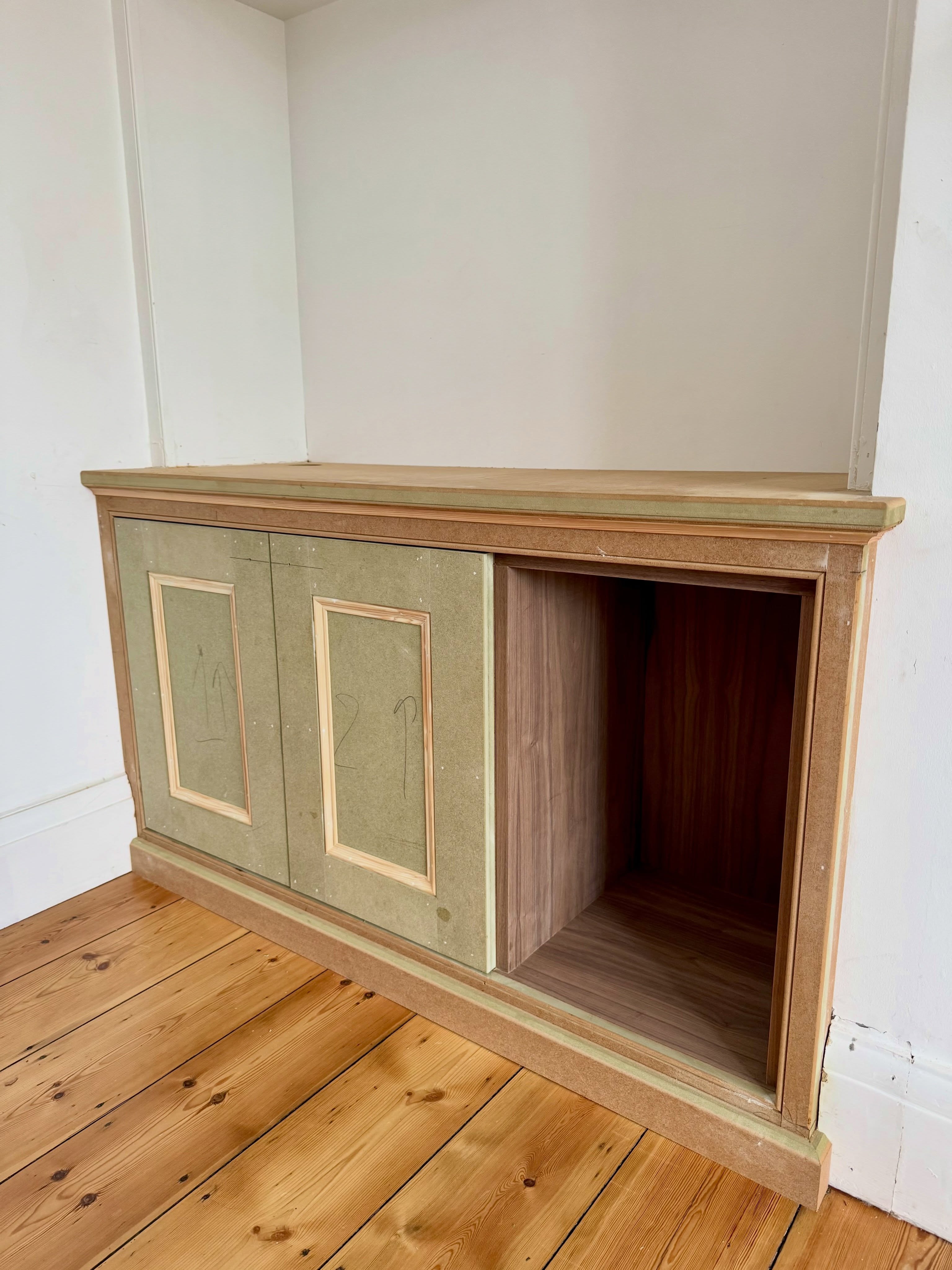 Just a nice little alcove unit, built to match an existing one. Classic pencil edge frames and beaded doors. With an open walnut section for logs. Lovely stuff #carpentry #bath #somerset #alcove #bespoke