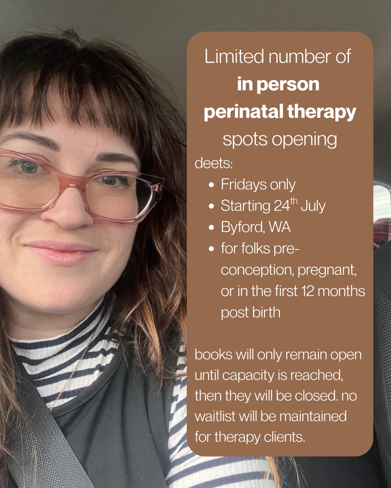 Limited number of in person
perinatal therapy spots opening
deets:
Fridays only
Starting 24th July
Byford, WA
for folks pre-conception, pregnant, or in the first 12 months post birth
books will only remain open until capacity is reached, then they will be closed. no waitlist will be maintained for therapy clients.
Book via: https://www.halaxy.com/book/appointment/sarah-harrower/psychologist/1059641/1105831