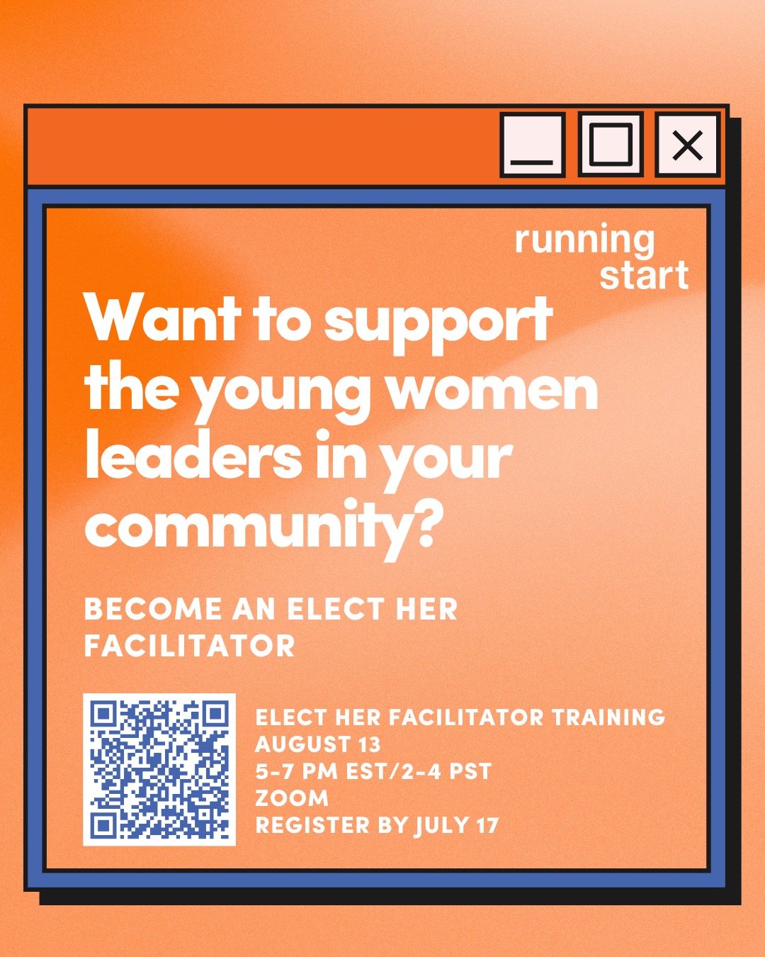 As a Running Start alum, you've experienced what it's like to build confidence and find your voice. Now it's your turn to make that experience possible for someone else.
Become an Elect Her Facilitator and bring Running Start to your campus or community. Through facilitator training, you'll gain valuable skills in public speaking, workshop facilitation, group leadership, and event management, all while mentoring the next generation of women leaders. This isn't just a volunteer opportunity. It's a chance to strengthen your own leadership, expand your résumé, and create lasting impact where you live.
📅 August 13 | 5-7 pm ET/ 2-4 pm PT
💻 Virtual
🔗 Register at link in bio
