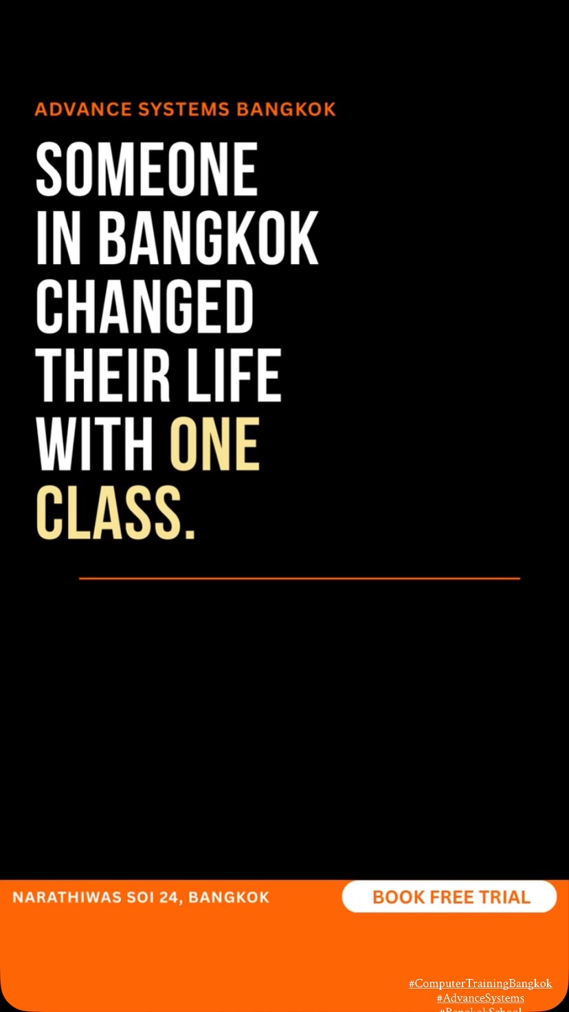 We didn’t build a big school. We built an authentic one. 1,500+ students. Internationally certified trainers. Small groups. All ages. Taught in English. Excel, Python, SQL, Web Design, Video Editing, Digital Marketing — all under one roof in Bangkok Just come see us.
📍 Belle Park, Narathiwas Soi 24, Bangkok
#ComputerTrainingBangkok #AdvanceSystems #AuthenticLearning #ExpatBangkok #ITTrainingBangkok