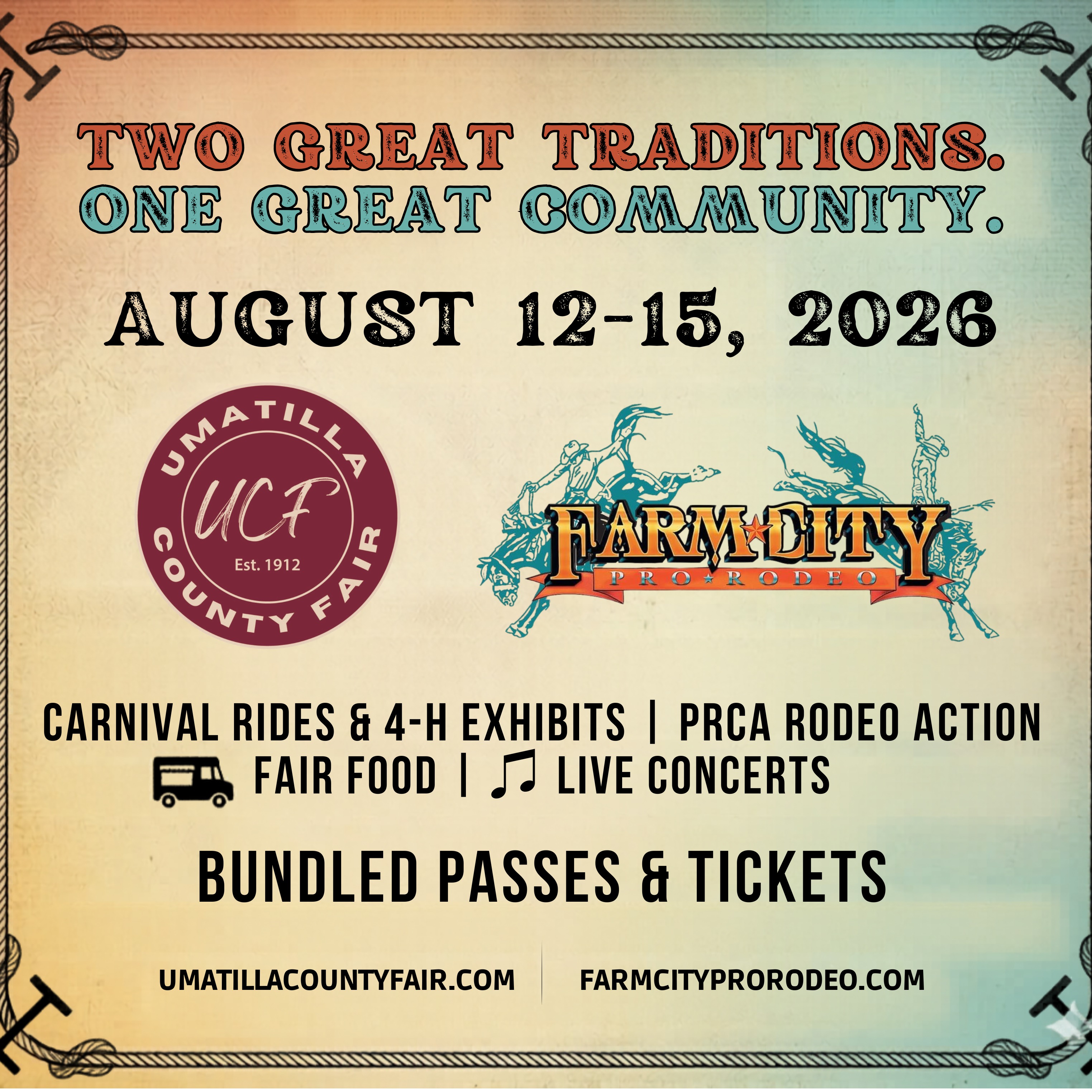 When you purchase a Farm-City Pro Rodeo ticket, you'll receive FREE admission to the Umatilla County Fair on the same day!
Enjoy an action-packed day exploring the fair, then experience the excitement of PRCA rodeo action that evening. It's twice the entertainment and one unforgettable experience for the whole family.
Get your tickets today and make the most of your visit to Hermiston, August 12–15!
#FarmCityProRodeo #UmatillaCountyFair #FeelTheActionExperienceTheTradition #PRCARodeo #HermistonOR #EasternOregon #FamilyFun #RodeoSeason
