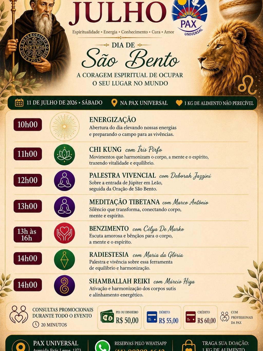 Hoje teremos um dia de Palestras e Vivências presenciais na @carmenbalhestero à partir das 10 horas, vem para a Pax!
#saobento #jupiteremleao #astrologiaparatodos #paxuniversal