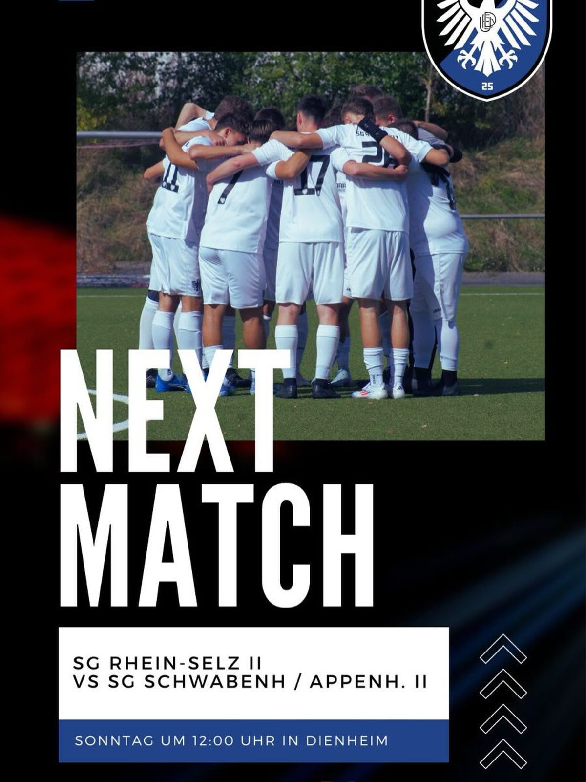 Liebe Sportfreunde, der Aktiven Fußball kommt zurück nach Dienheim!
Ab der kommenden Saison sind wir auch im Aktiven Bereich Teil der SG Rhein-Selz.
Am Sonntag um 12 Uhr findet ein Testspiel der zweiten Mannschaft bei uns in Dienheim statt.
Für das leibliche Wohl ist gesorgt.
Wir freuen uns auf Euren Besuch!!!! 💙🤍