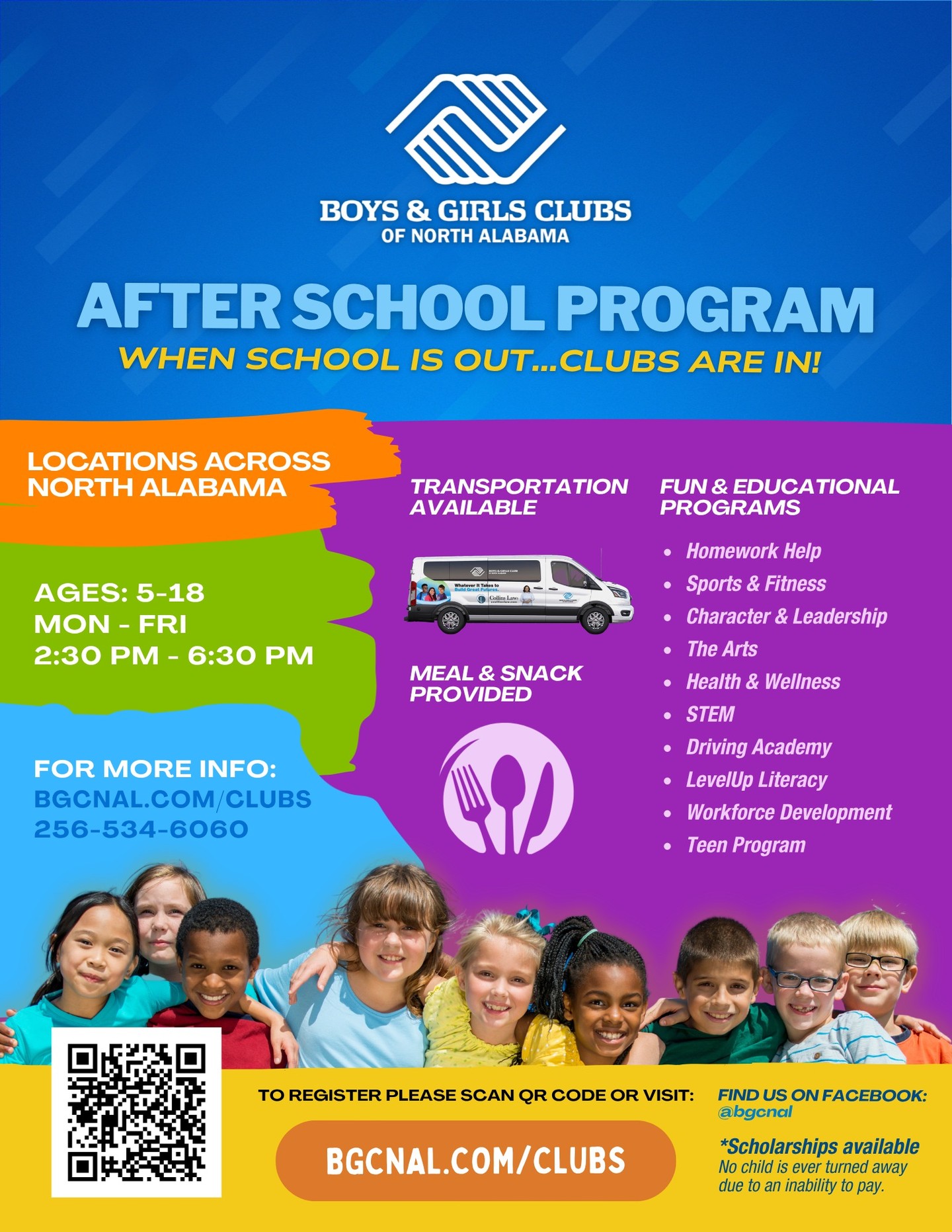 🎒 School may be out—but the fun is just getting started!
After-school registration is now open at Boys & Girls Clubs across North Alabama. From homework help and STEM to sports, the arts, leadership programs, and more, Club kids have a safe place to learn, grow, and belong every afternoon.
Programs are available for ages 5–18, with transportation and meals available at select locations.
Find your nearest Club and register today at BGCNAL.com/clubs.