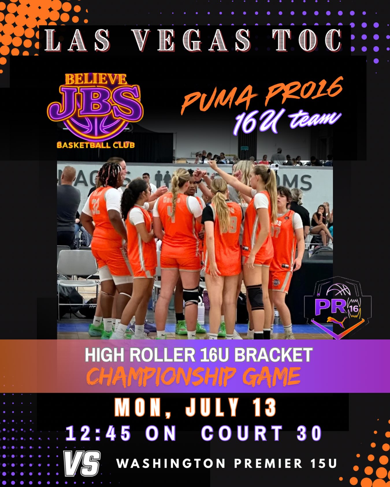 Our JBS 16u team will play in the championship game tomorrow at 12:45pm on court 30! Just Believe…🏀🔥