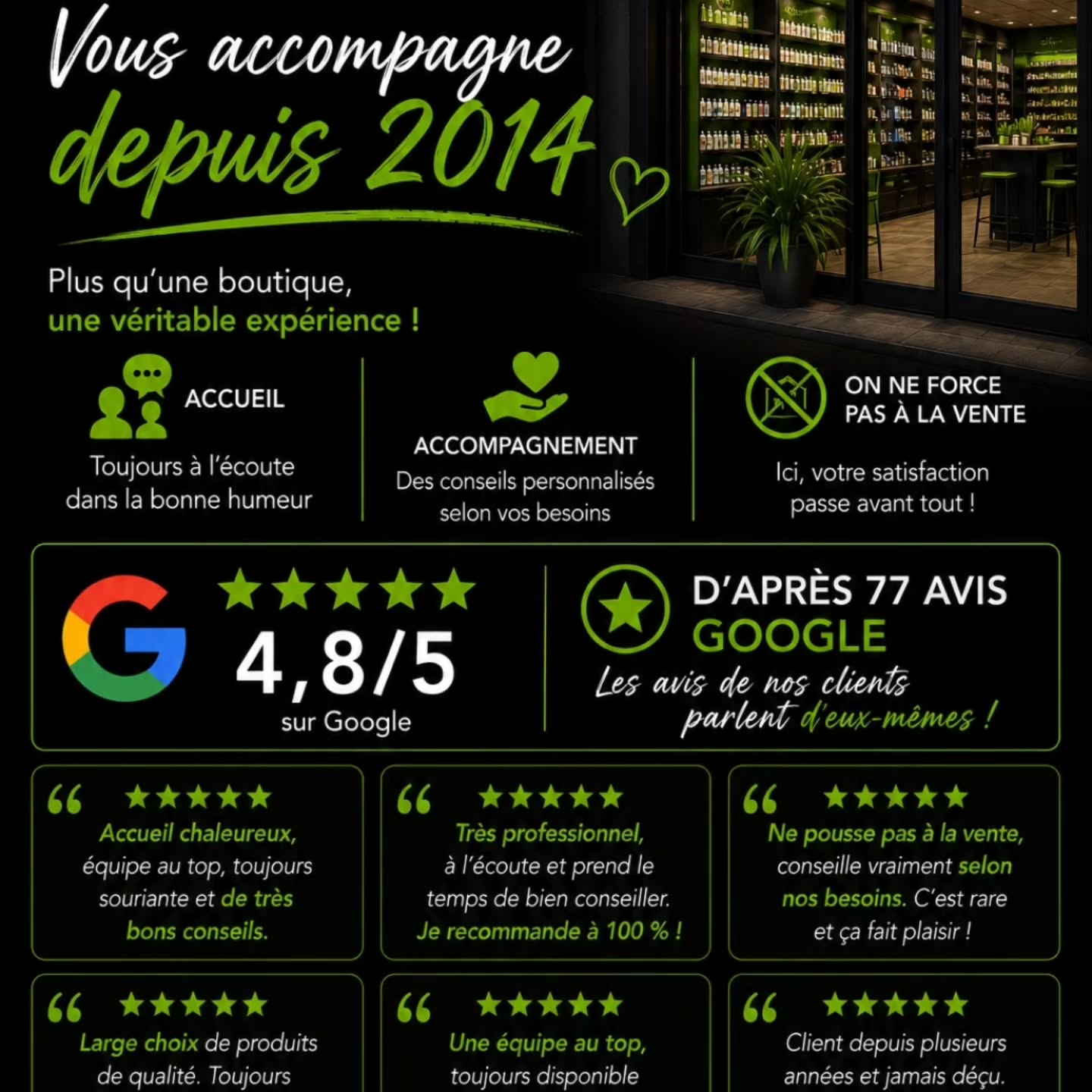 N'hésitez pas à laisser un avis sur notre page Google. Votre retour est précieux !
https://share.google/YmueoOXRxeAv7GXCx
Depuis 2014, nous mettons un point d'honneur à vous accompagner avec des conseils personnalisés. Merci à nos 77 clients qui nous ont laissé un avis Google ⭐ 4,8/5