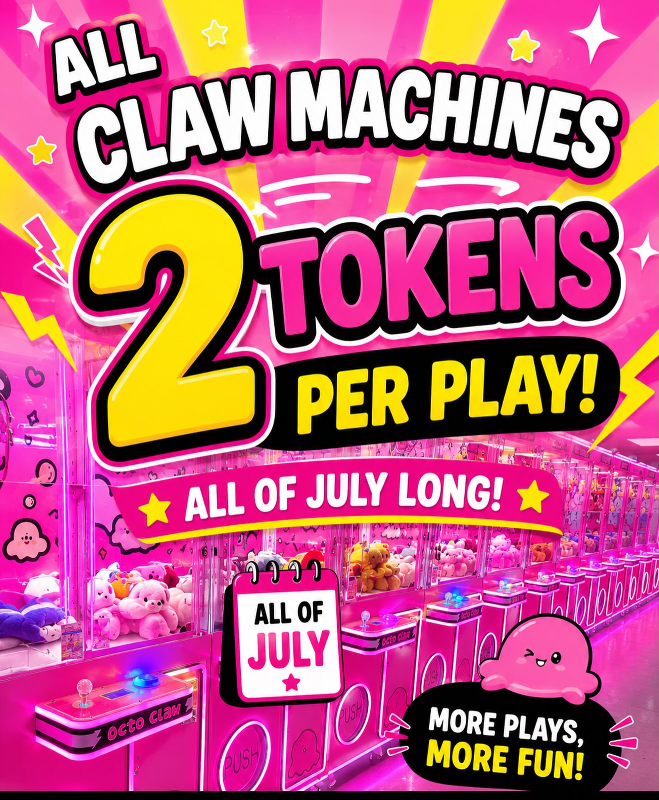 🎉 ALL OF JULY = ONLY 2 TOKENS PER PLAY! 🩷🕹️
Big news, claw lovers! 🐙✨
For the entire month of July, EVERY claw machine at Octo Claw is just 2 TOKENS per play! 🤩
🎮 More chances to win
🧸 More plushies to bring home
💖 More fun with family & friends
Whether you’re hunting for your favorite plush or trying your luck for the first time, now’s the perfect time to play!
📅 July 1 – July 31
📍 Unit 8, 91 First Commerce Dr, Aurora, ON
🌐 www.octoclaw.ca
Tag your claw machine buddy and come win together! 🏆💕
#OctoClaw #ClawMachine #Arcade #AuroraON #newmarket