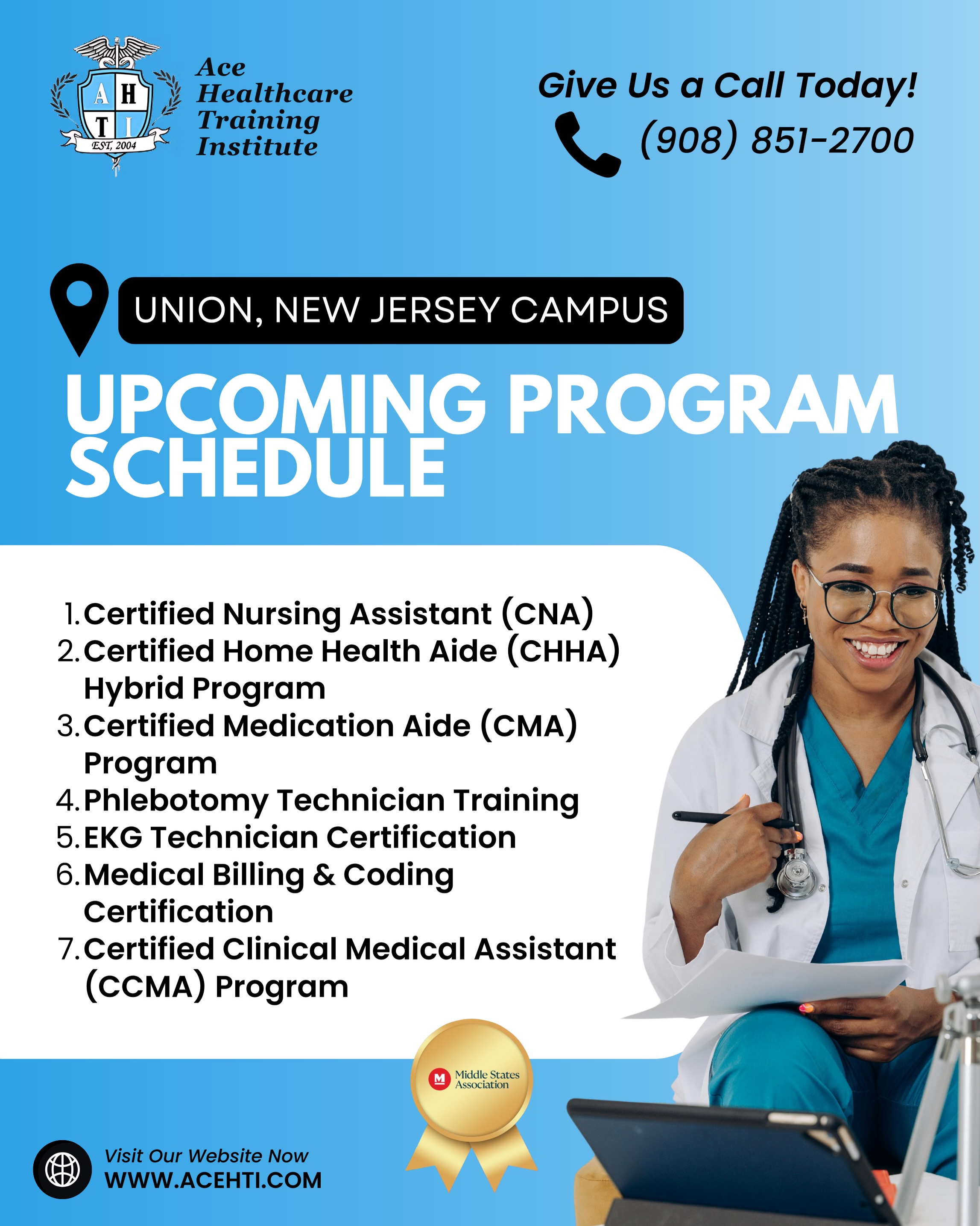 🩺 Ready to start your healthcare career? Ace Healthcare Training Institute is NOW ENROLLING at our Union, NJ campus — and seats are limited!
Swipe through the full upcoming schedule in our Union, New Jersey Location! 👉 CNA, CHHA, CMA, Phlebotomy, EKG, Medical Billing & Coding, and CCMA classes — with flexible day, evening, and weekend options to fit YOUR life.
Since 2004, we’ve helped thousands of New Jersey students turn healthcare training into real careers. Hands-on clinical skills. State-approved certifications. Small class sizes. Real results.
📞 Union Campus: (908) 851-2700
📞 Dover Campus: (973) 366-7171
🌐 Enroll now: www.acehti.com
#HealthcareTraining #NewJersey #CertifiedNursingAssistant #Phlebotomy #HealthcareCareers