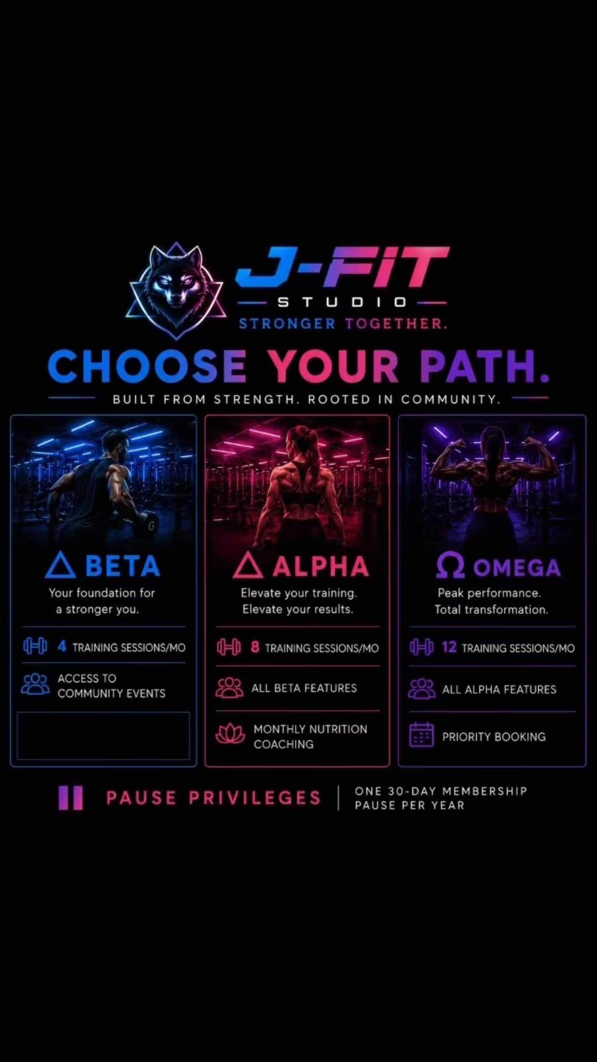 Not all memberships are created equal. Neither are your goals. 🐺
Whether you’re just getting started or ready to take your training to the next level, there’s a path built for you.
🔹 BETA – Build a strong foundation with personalized training and a supportive community.
🩷 ALPHA – More coaching, more accountability, and more progress.
🟣 OMEGA – Our most complete experience with priority booking and premium member benefits.
At J-FIT, we don’t believe in one-size-fits-all fitness. Every membership is designed to help you move better, get stronger, and stay consistent—surrounded by a community that has your back.
💬 Comment “START” and we’ll help you find the membership that’s right for you.
📍Leander, TX
🌐 jfitstudio.com
📞 (512) 947-8177
#JFITStudio #LeanderTX #PersonalTraining #FunctionalFitness #StrengthTraining SmallGroupTraining FitnessCommunity FitnessJourney GymMembership MoveBetter StrongerTogether TexasFitness LeanderGym FitnessMotivation TrainWithPurpose
