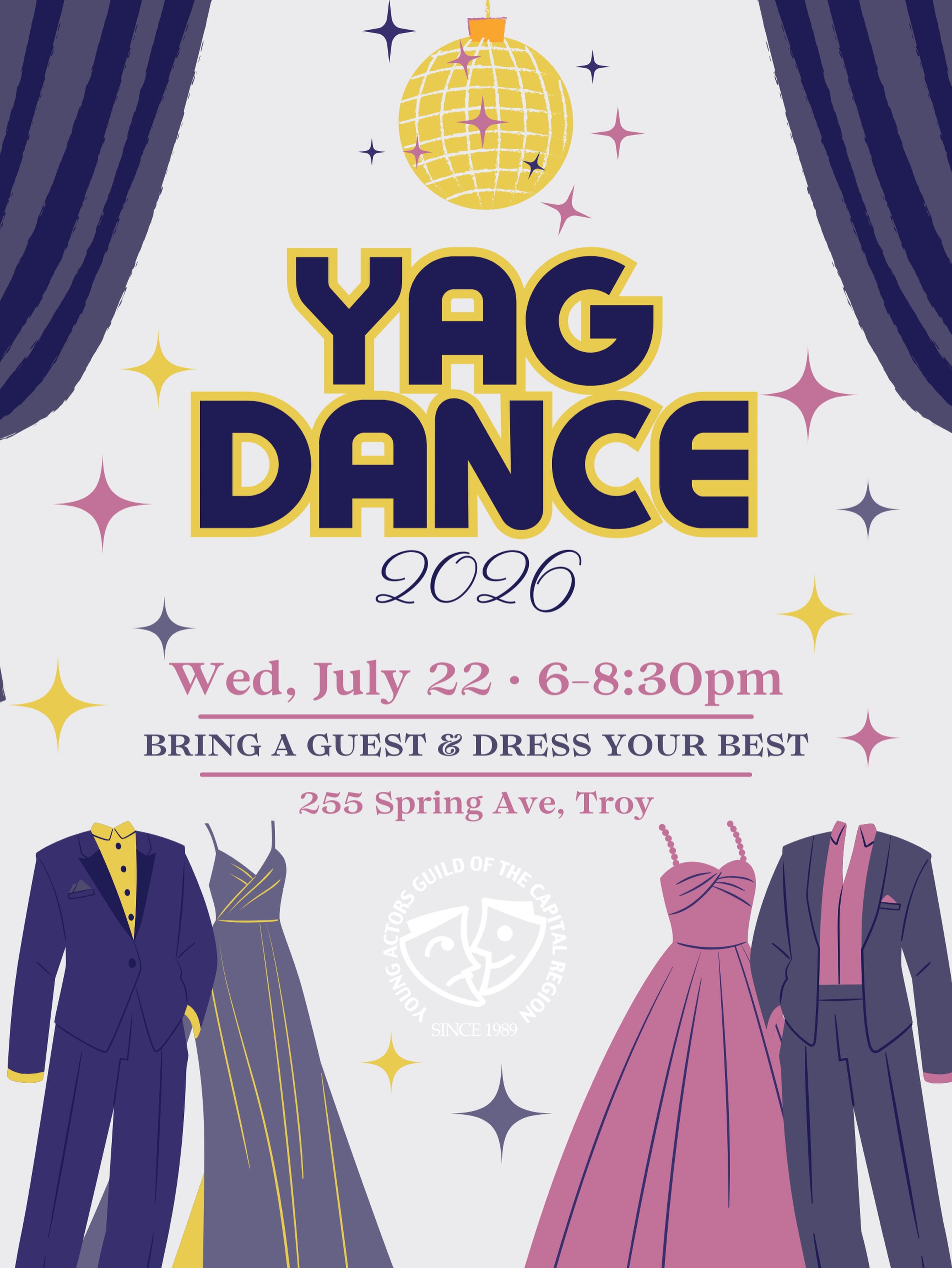 You are Cordially Invited to the Summer 2026 YAG Dance!
Join us for a night of music, dancing, and fun!
Date: Wednesday, July 22
Time: 6-8:30 PM
Location: 255 Spring Ave, Troy
Tickets: $15 per person. We encourage YAG students to bring a guest from outside of YAG! Past and present YAG students are encouraged to attend.
Dress to impress! We encourage YAG students to bring a guest from outside of YAG!
Message us for the sign up link!