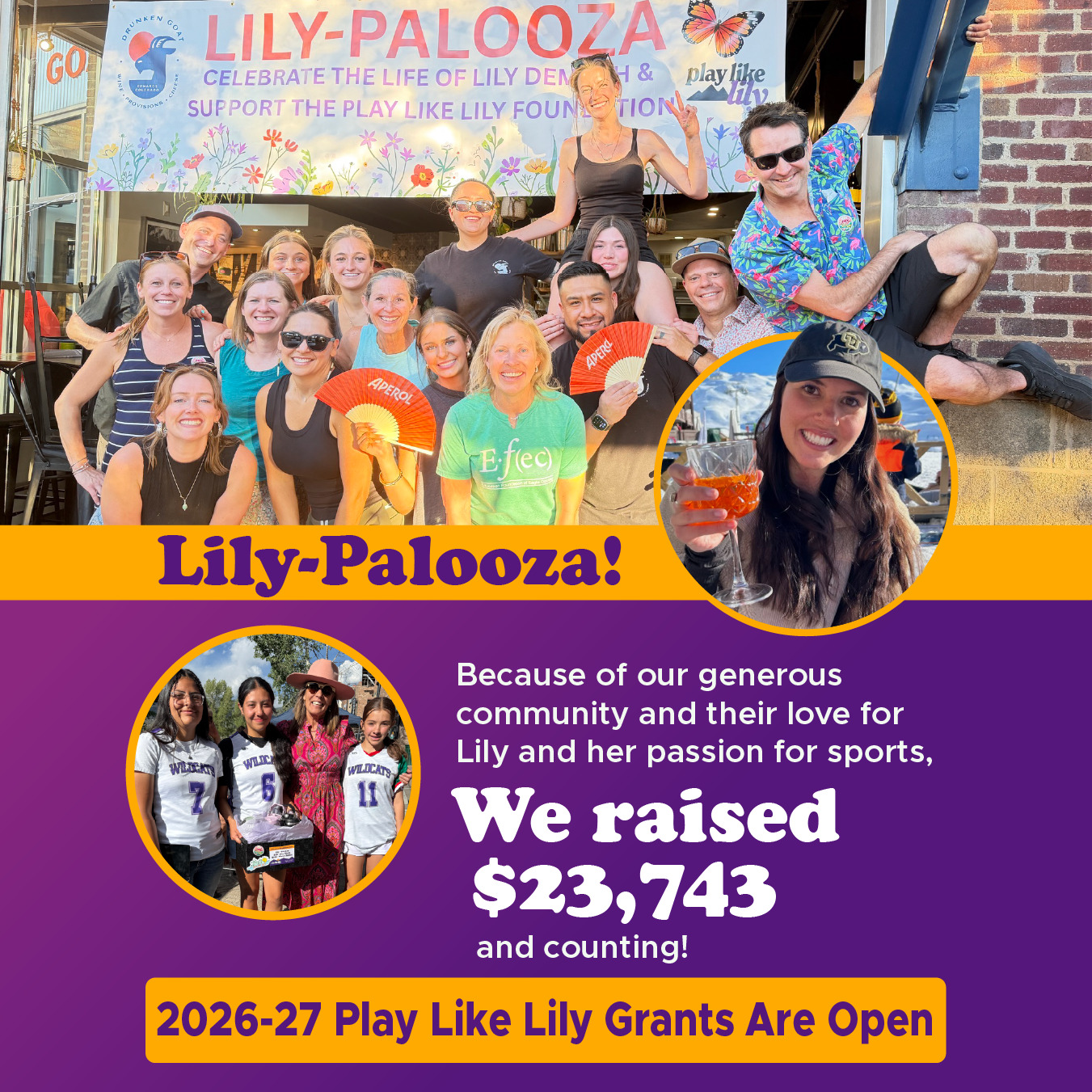 Thank you for coming together on Sunday, June 21st for our 2nd annual Lily Palooza, celebrating the life of Lily DeMuth and supporting EFEC’s Play Like Lily fund.
Your generosity helped make this year’s event more than an afternoon of community and connection, it helped ensure more Eagle County youth can experience the joy, teamwork, and belonging that comes from being part of a team.
Because of our generous community and their love for Lily and her passion for sports, we raised $23,743 (and counting)!
It's not to late to donate!
Plus... our 2026-2027 Play Like Lily grant applications are now open!
Visit efec.org/play-like-lily to learn more, donate, and if you're an ECSD coach or physical education teacher apply for a grant!
#playlikelily