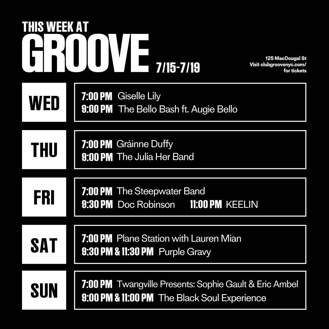 Rock this week with The Steepwater Band, Gráinne Duffy, Plane Station with Lauren Mian and more LIVE at Groove! 🎵
7/15: @gisellelilymusic // @thebellobash w/ @augie_bello
7/16: @grainneduffyofficial // @juliahermusic
7/17: @thesteepwaterband // @docrobinsonmusic // @keelinkat
7/18: @planestationmusic with @laurenmiannn // @purplegravymusic
7/19: @sophie_gault and @the_ericambel // The Black Soul Experience w/ @blacksoulboy
Grab your tickets now at the link in bio! 🎫
#GrooveNYC #LiveMusicNYC #ThingsToDoNYC