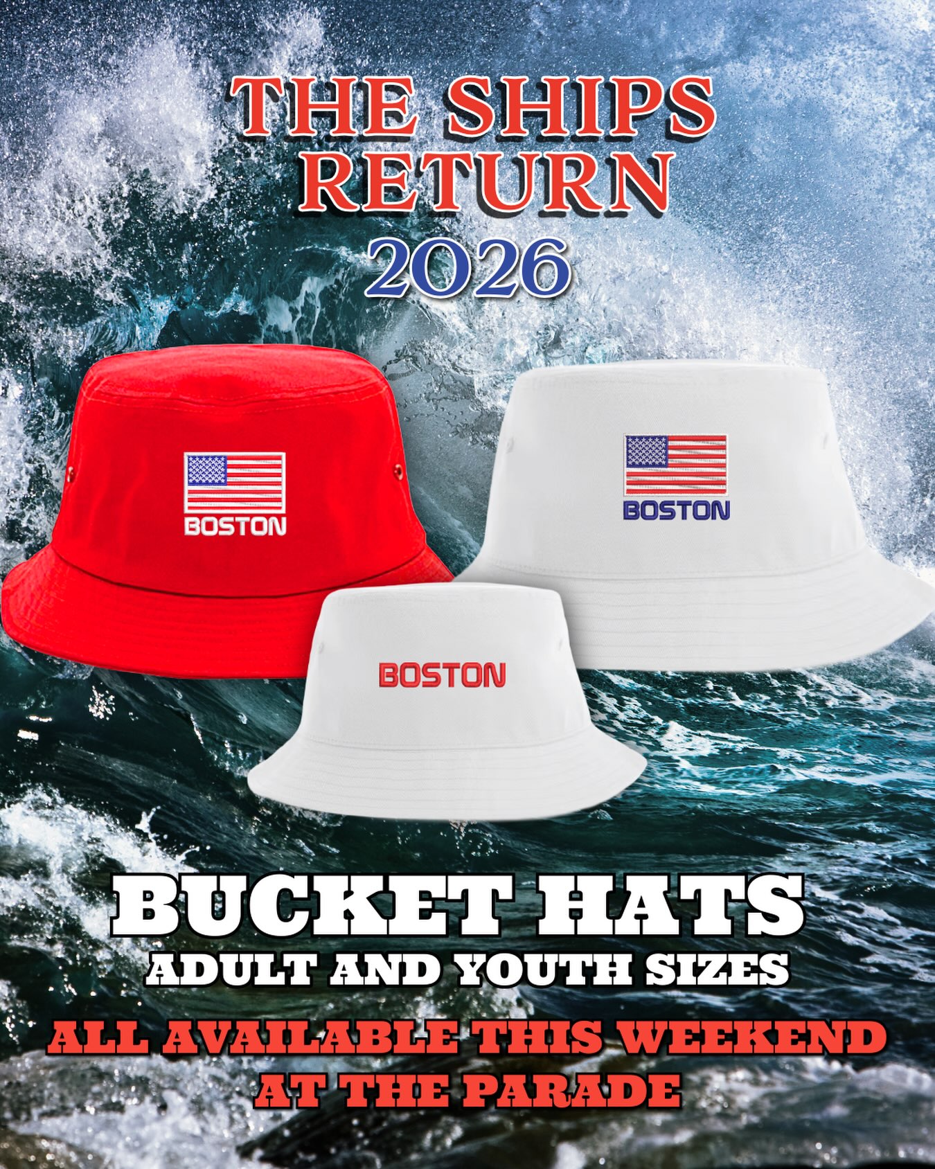 SHIPPING UP TO BOSTON! ⚓️
The Boston Sailing Parade is right around the corner! To celebrate the return of the majestic tall ships, we are bringing out BOSTON BUCKET HATS IN ADULT AND YOUTH SIZES for this special weekend. 🌊
Catch the crew this Saturday from 6:00 AM – 6:00 PM at our three harborside spots:
• East Boston (6 Marginal St.)
• Long Wharf
• Sargent’s Wharf
Set your coordinates, come say hi, and gear up for the parade. Secure your tote before they vanish over the horizon! ⛵️