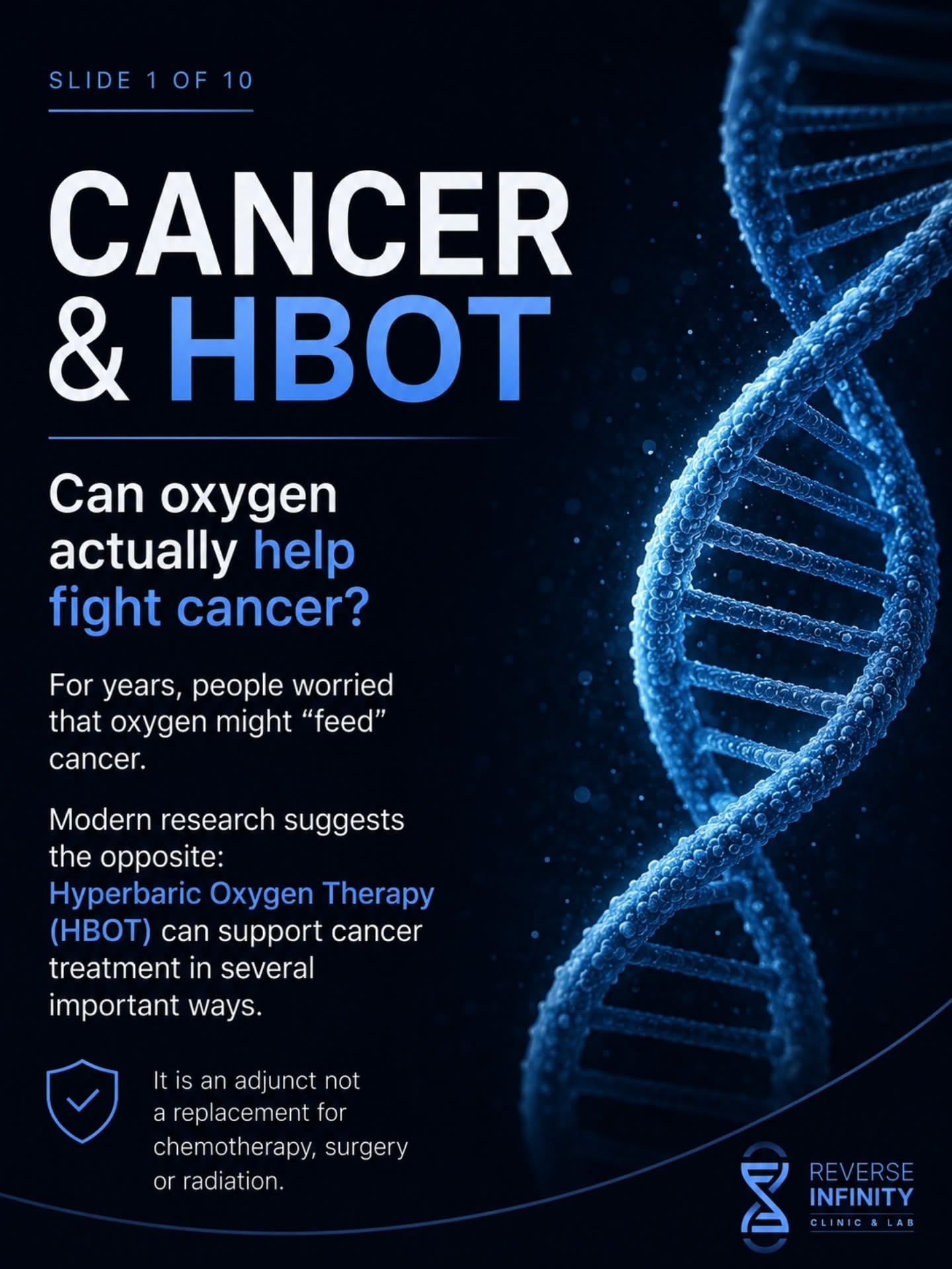 Every cancer journey is unique.
If you're exploring HBOT, start with evidence, ask questions and involve your oncology team.
At Reverse Infinity, we believe the best outcomes come from combining expertise, technology and compassionate care.
📩 DM us if you'd like to learn more about whether HBOT may be appropriate for you or a loved one.
🔄 If this carousel taught you something new, share it with someone navigating cancer. One conversation can make a difference.
#cancercare #hbotIndia #hbot