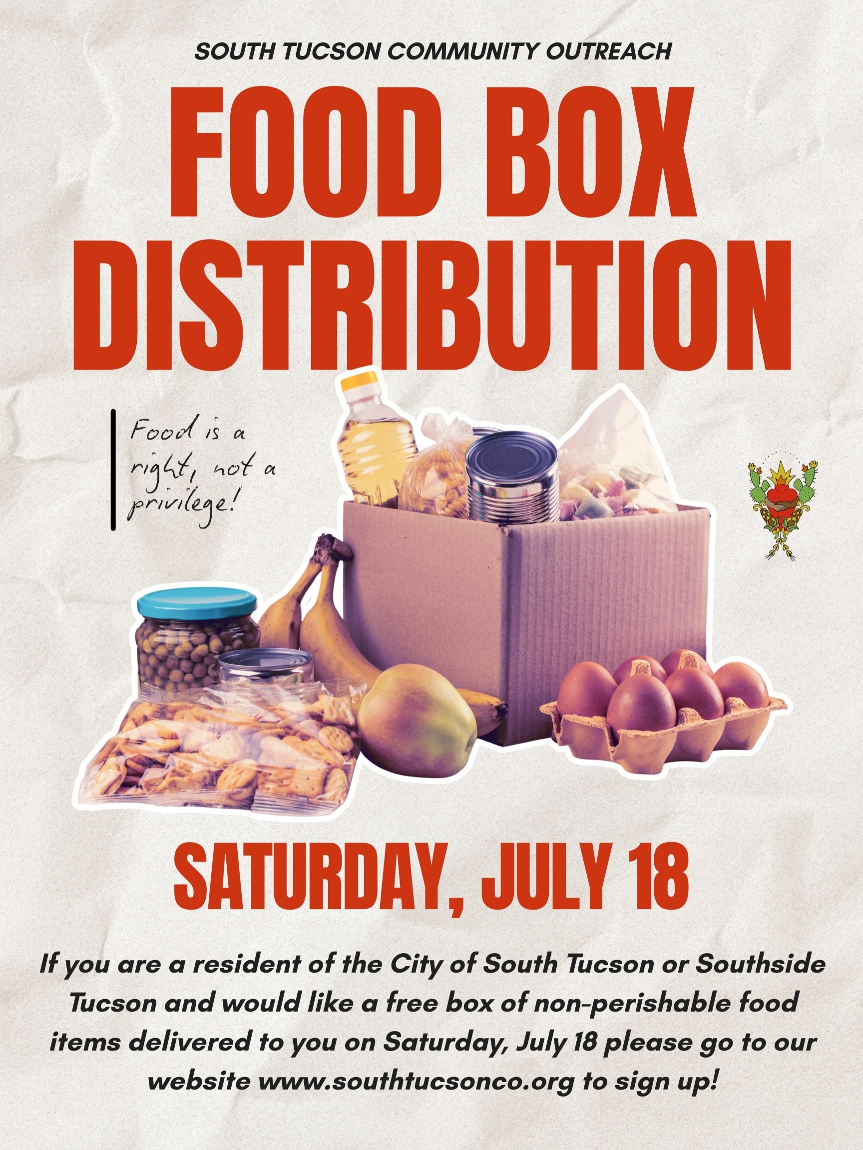 **Desliza ➡️ para leer en español**
🚨We’re delivering free nonperishable food boxes to this Saturday, July 18! If you or someone you know lives in the City of South Tucson or Southside Tucson and could benefit from a food box, we’re here to help. Sign up through the link in our bio or visit www.southtucsonco.org to register.
In partnership with @uagardenkitchen 🫱🏽🫲🏼, this monthly food box distribution is part of our free food assistance programming for our community. ❤️ If registration is closed, it means we’ve reached capacity for this distribution, and we’ll announce when sign-ups reopen! 🚨