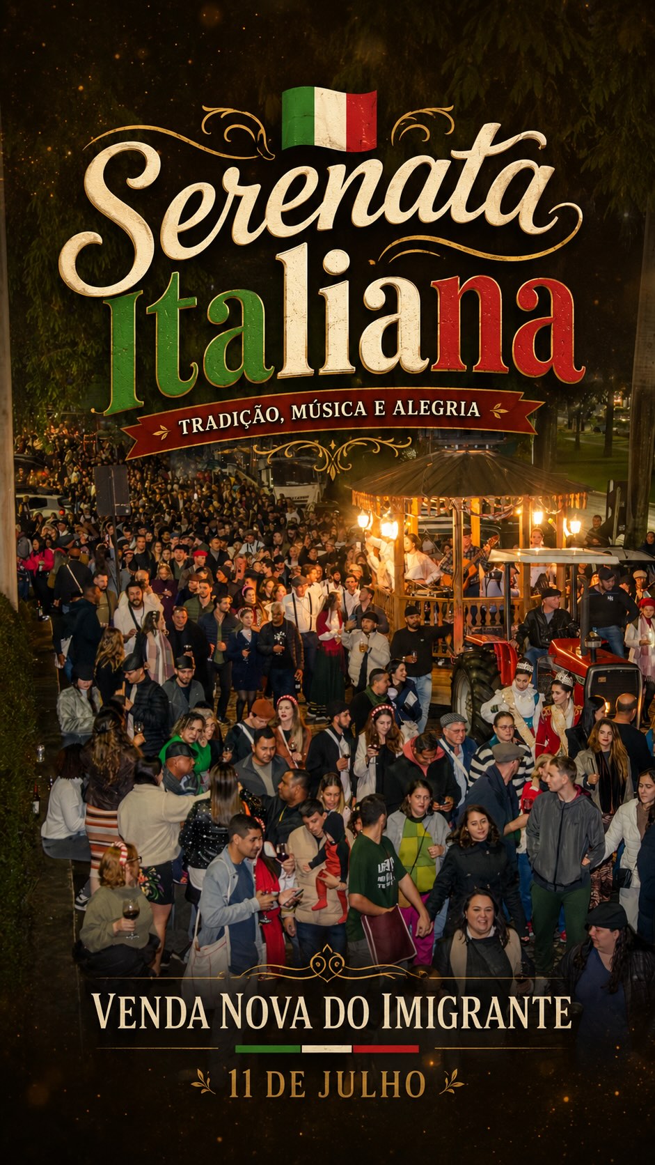 É AMANHÃ!!
🍷🎶 Prepare o embornal, escolha aquele vinho especial e chame toda a turma, porque a Serenata Italiana vem aí!
As ruas de Venda Nova serão tomadas por música, tradição, alegria e aquele clima que só a nossa Serenata consegue criar. Uma noite perfeita para reunir os amigos, curtir com a família e celebrar as raízes italianas da nossa cidade!
Vista seu traje, separe seus petiscos preferidos e venha cantar, brindar e viver essa experiência com a gente! 🇮🇹✨
📍 Concentração às 18h30
🚶 Saída às 19h
🎉 Chegada ao Polentão às 21h
E a festa não para por aí: a partir das 19h, o Polentão contará com serviços de bar e cozinha para deixar a noite ainda mais saborosa!
Para fechar a programação em grande estilo, teremos um show especial com o Ragazzi Dei Monti! 👏🏼🎤
Marque os amigos que não podem ficar de fora e venha fazer parte dessa tradição!