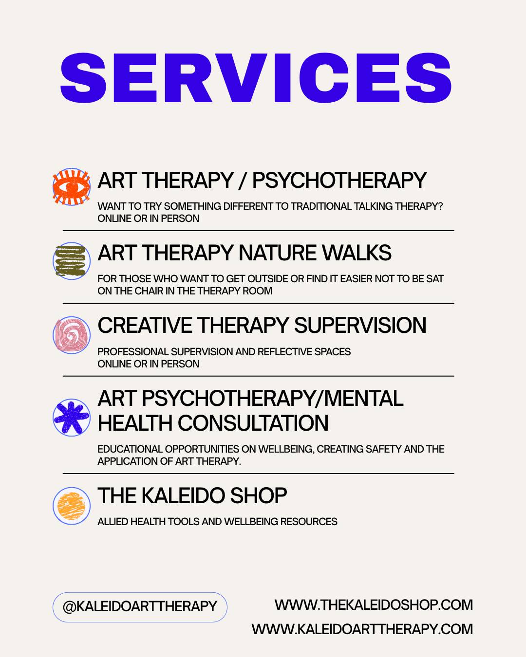 We believe therapy should be easy to access, personal, and truly human. Each person brings their own story and culture to the creative process. That’s why we make therapy adaptable, so everyone can feel comfortable, supported, connected, and understood in their own healing. Whatever that means to you.
If you’d like to find out more about what Kaleido offers, please reach out at Kaleido_enquiries@outlook.com. I’m always happy to answer any questions or simply have a chat.